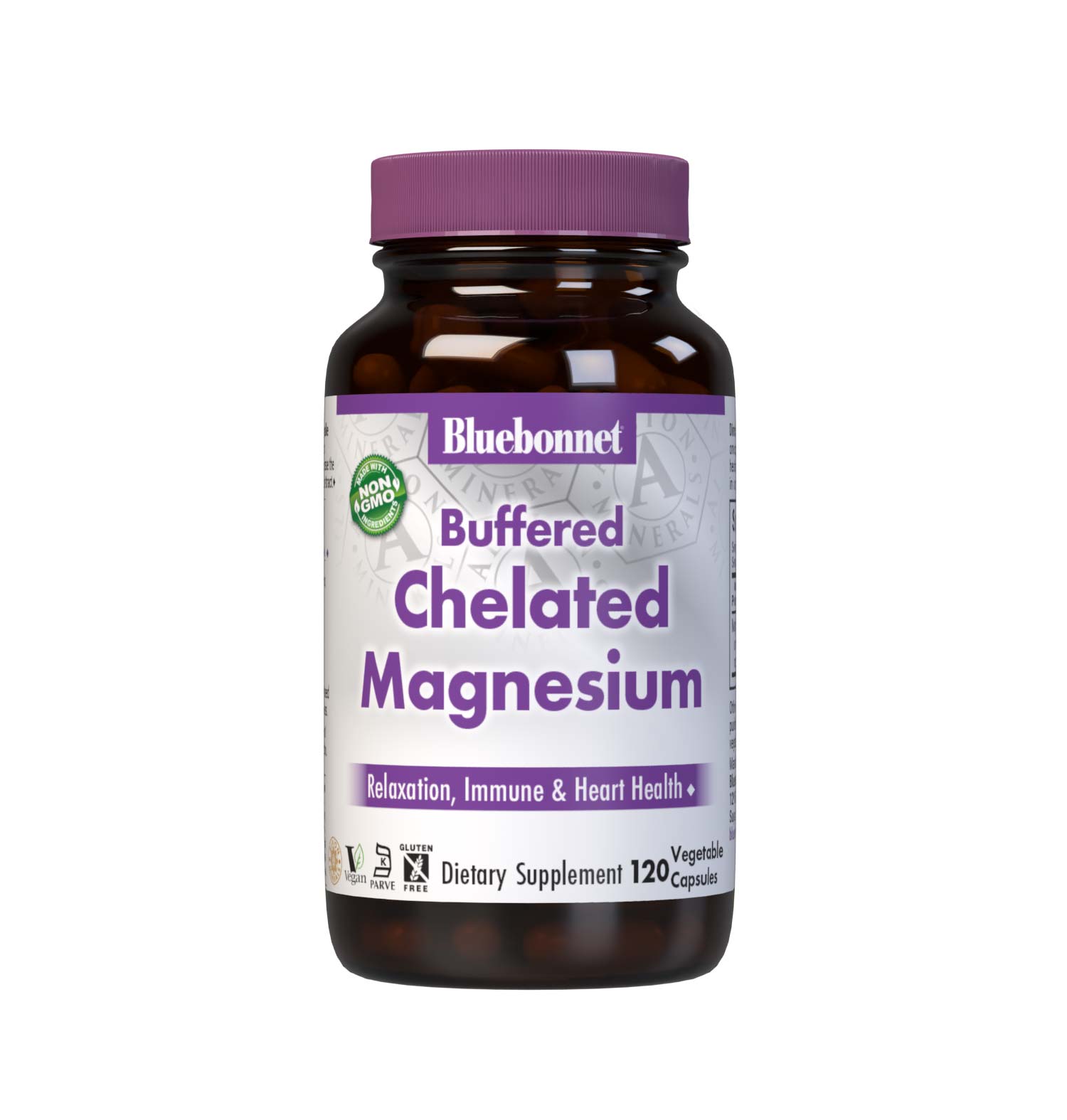 Bluebonnet's Buffered Chelated Magnesium 120 Vegetable Capsules are formulated with chelated magnesium bisglycinate buffered with magnesium oxide to increase the pH (alkalinity) to make it gentle on the digestive tract. #size_120 count