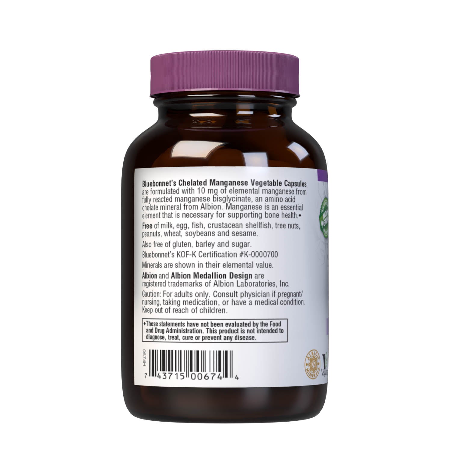 Bluebonnet's Chelated Manganese 90 Vegetable Capsules are formulated with 10 mg of elemental manganese from fully reacted manganese bisglycinate, an amino acid chelate mineral from Albion. Manganese is an essential element that is necessary for supporting bone health. Description panel. #size_90 count