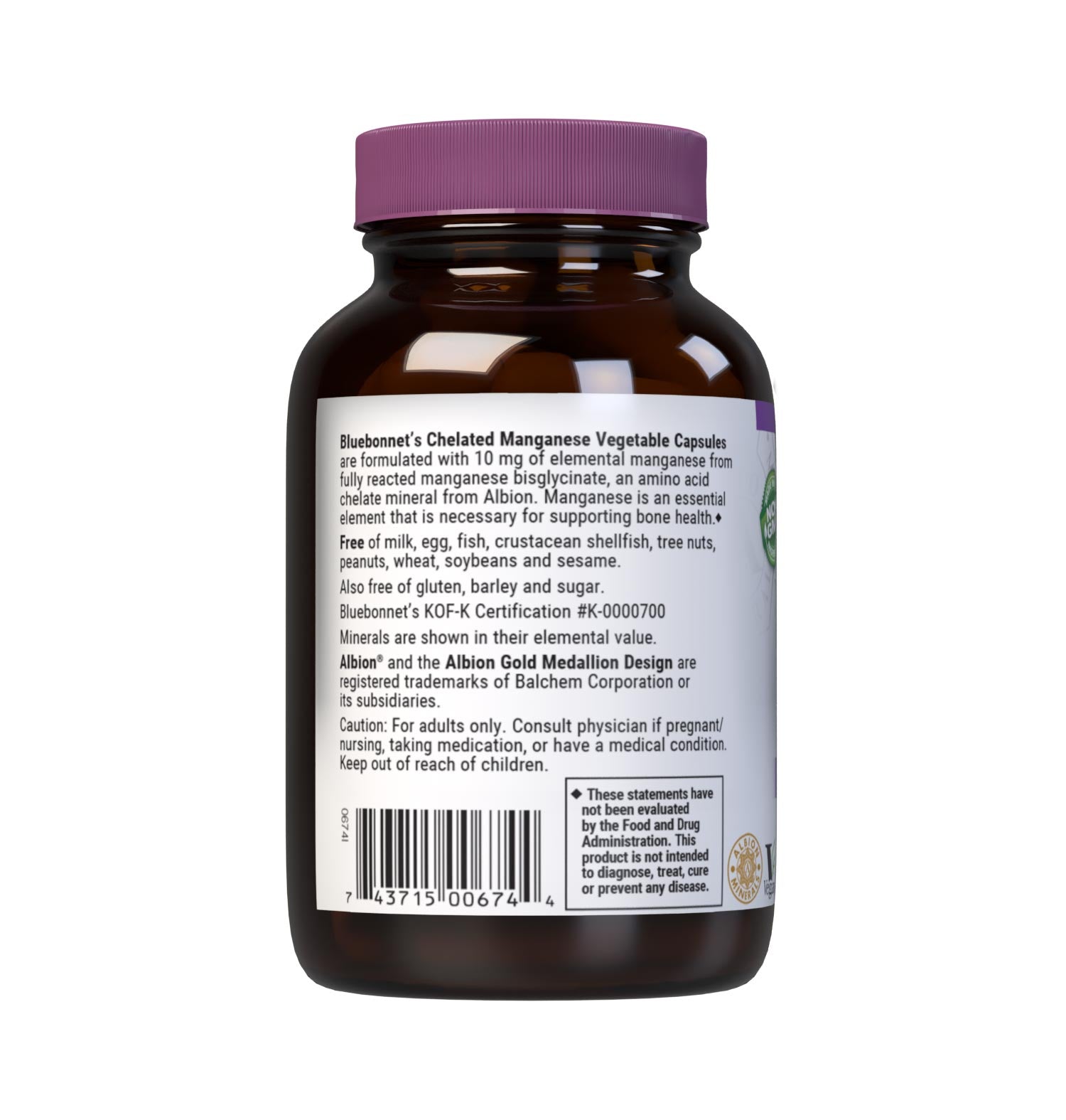 Bluebonnet's Chelated Manganese 90 Vegetable Capsules are formulated with 10 mg of elemental manganese from fully reacted manganese bisglycinate, an amino acid chelate mineral from Albion. Manganese is an essential element that is necessary for supporting bone health. Descriptions panel. #size_90 count