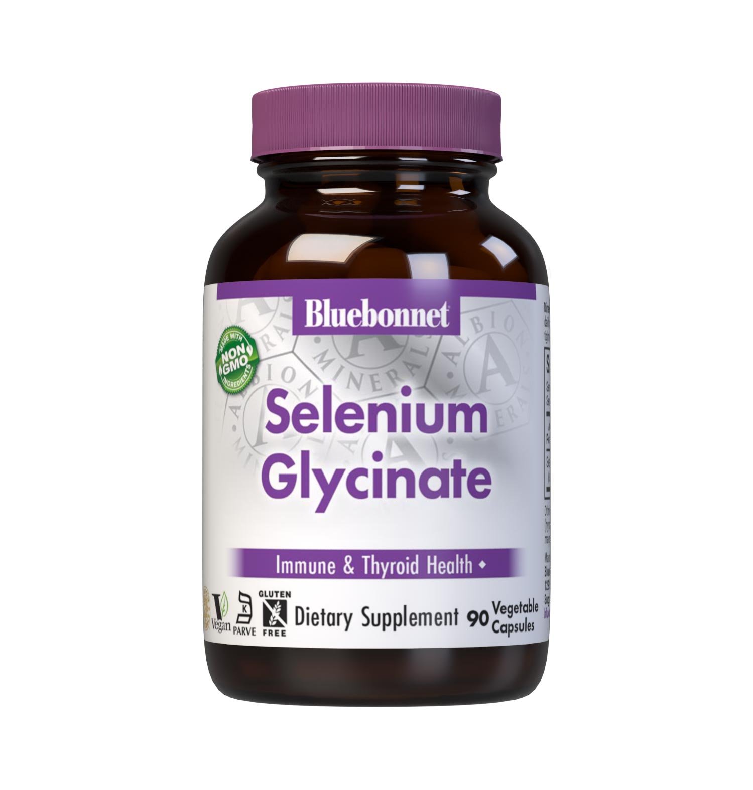 Bluebonnet’s Albion Selenium Glycinate 90 vegetable capsules are formulated with 200 mcg of elemental selenium per serving from a low molecular weight glycerinate amino acid complex from Albion. Selenium is an essential element that is necessary for immune health and thyroid support. #size_90 count