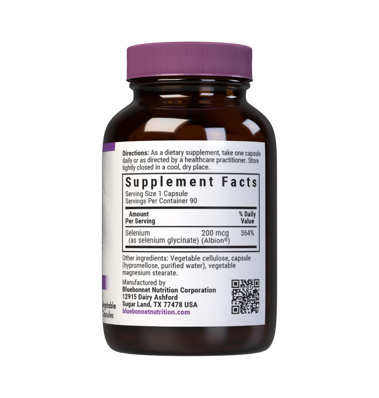 Bluebonnet’s Albion Selenium Glycinate 90 vegetable capsules are formulated with 200 mcg of elemental selenium per serving from a low molecular weight glycerinate amino acid complex from Albion. Selenium is an essential element that is necessary for immune health and thyroid support. Supplement facts panel. #size_90 count