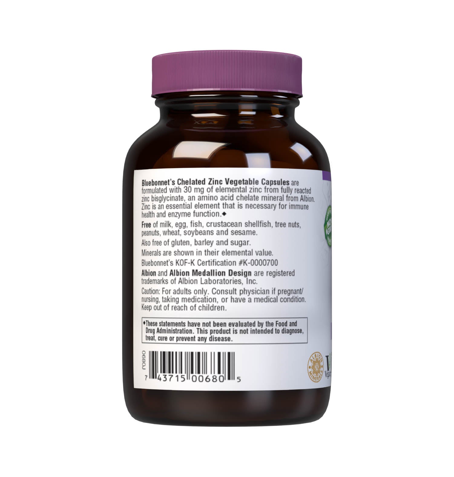 Bluebonnet's Chelated Zinc 90 Vegetable Capsules are formulated with 30 mg of elemental zinc from fully reacted zinc bisglycinate, an amino acid chelate mineral from Albion. Zinc is an essential element that is necessary for immune health and enzyme function. Description panel. #size_90 count