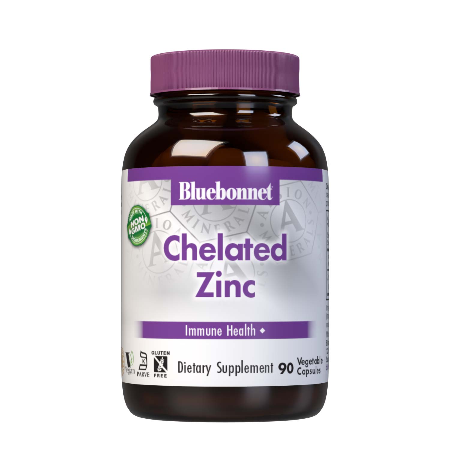 Bluebonnet's Chelated Zinc 90 Vegetable Capsules are formulated with 30 mg of elemental zinc from fully reacted zinc bisglycinate, an amino acid chelate mineral from Albion. Zinc is an essential element that is necessary for immune health and enzyme function. #size_90 count