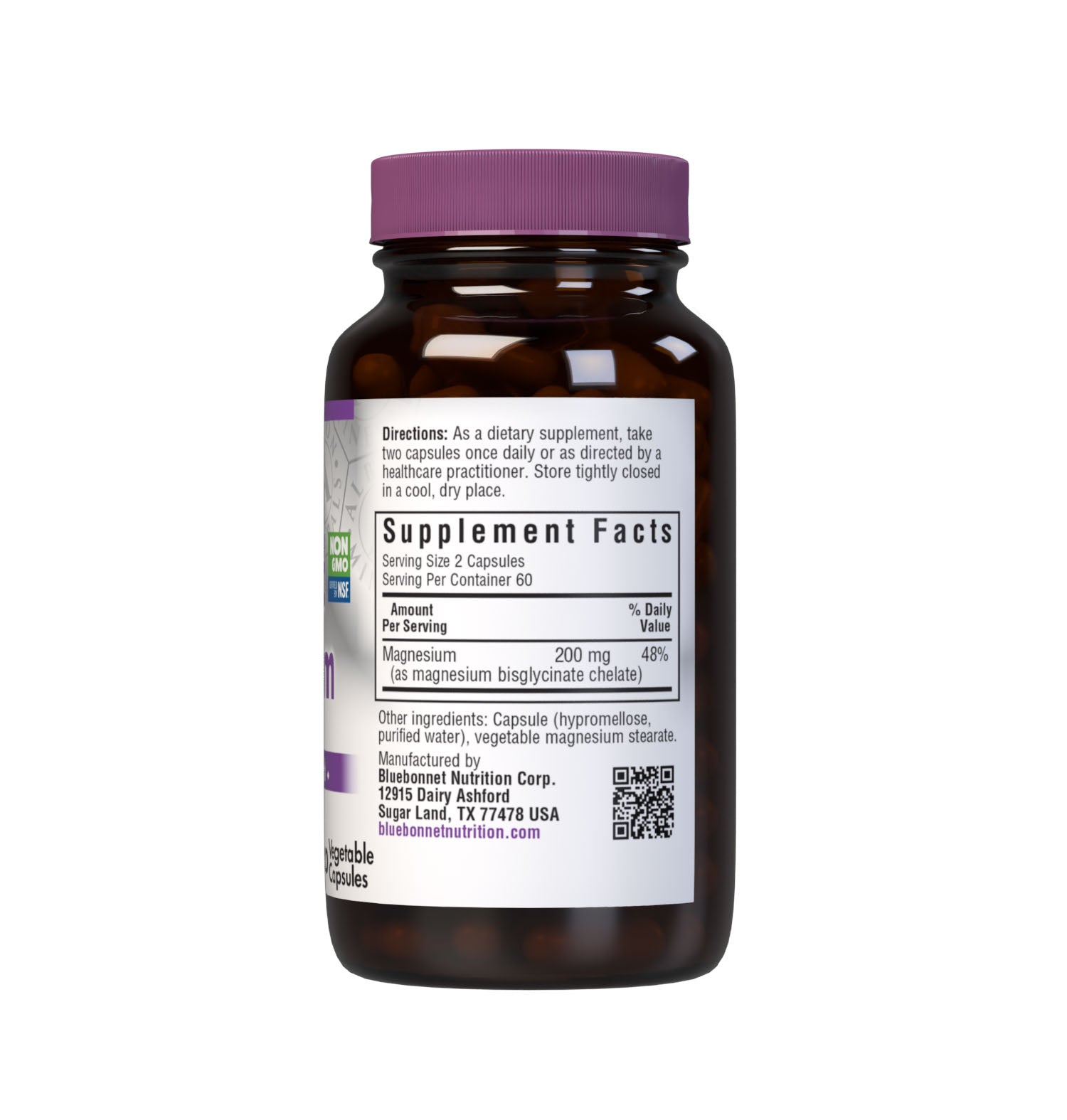 Bluebonnet's Chelated Magnesium Bisglycinate 120 Vegetable Capsules are formulated with 200 mg per serving of elemental magnesium from fully reacted magnesium bisglycinate, an amino acid chelate mineral from Albion that supports energy production and is critical for enzyme function. Supplement facts panel. #size_120 count