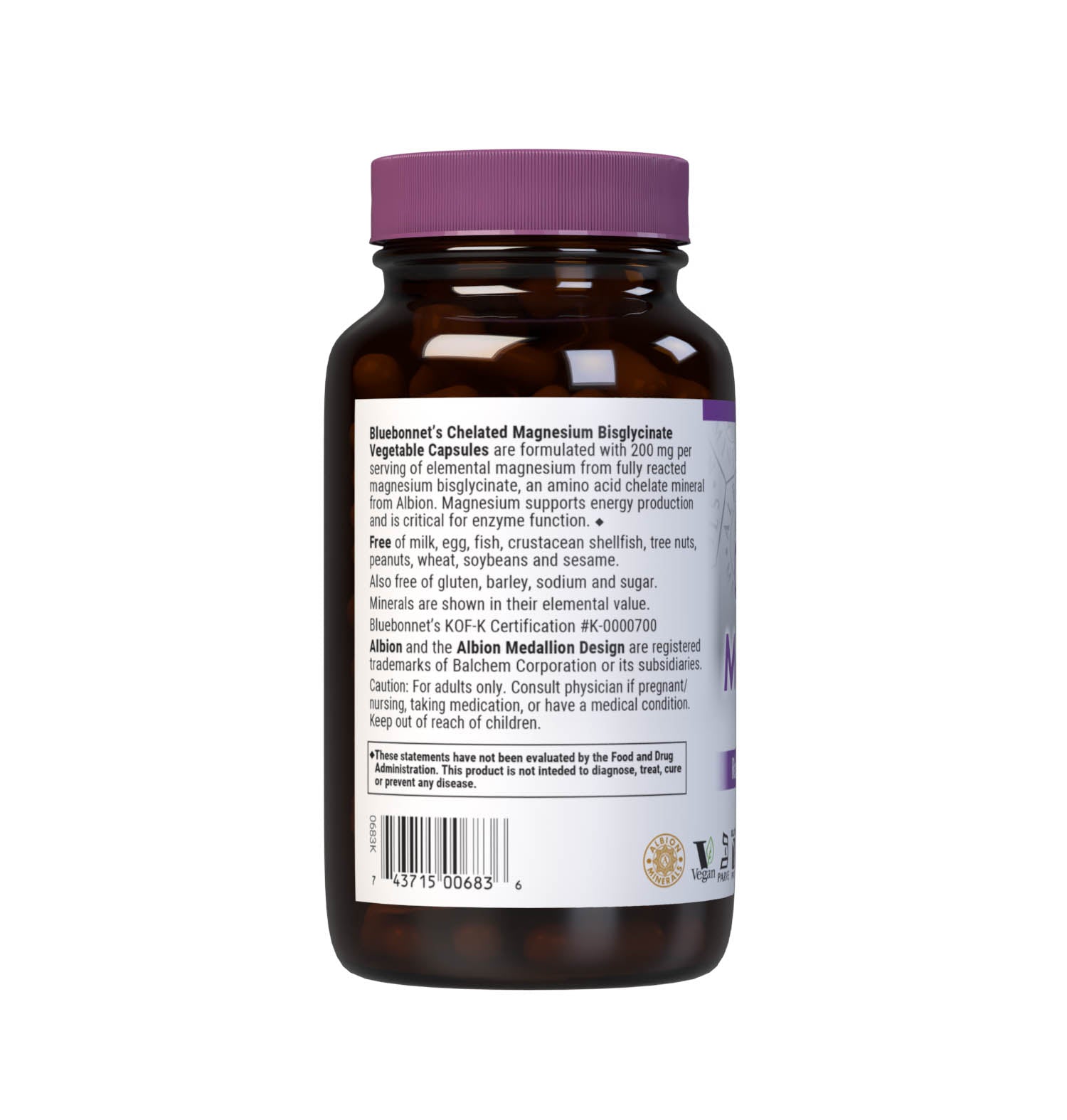 Bluebonnet's Chelated Magnesium Bisglycinate 120 Vegetable Capsules are formulated with 200 mg per serving of elemental magnesium from fully reacted magnesium bisglycinate, an amino acid chelate mineral from Albion that supports energy production and is critical for enzyme function. Description panel. #size_120 count