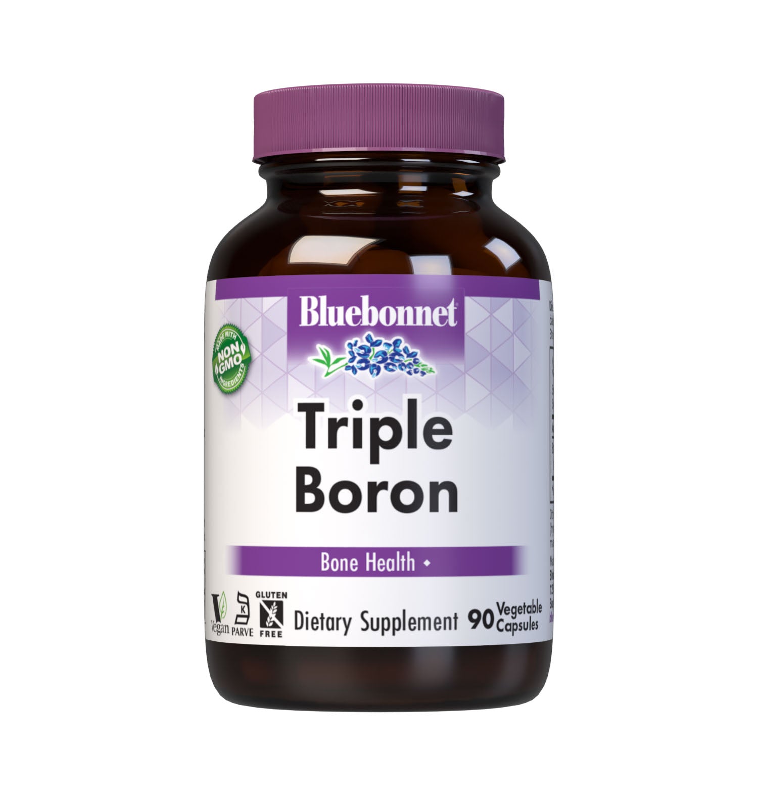 Bluebonnet's Triple Boron 3 mg 90 Vegetable Capsules are formulated with the trace mineral boron, which is multicomplexed with citrate, aspartate and glycinate. Boron is a trace element that helps support bone strength.  #size_90 count