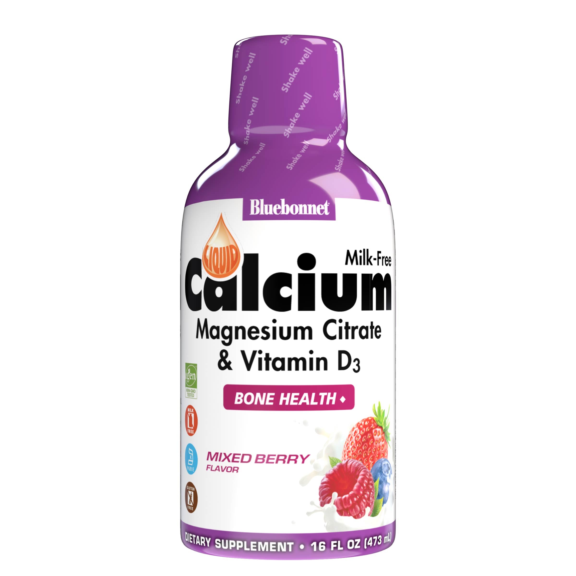 Bluebonnet's Liquid Calcium Magnesium Citrate with Vitamin D3 are formulated with calcium in a chelate of calcium citrate, as well as magnesium in a chelate of magnesium citrate and magnesium aspartate in a delicious mixed berry flavor. Plus, this formula are formulated with vitamin D3 (cholecalciferol) from lanolin for strong healthy bones. #flavor_mixed berry