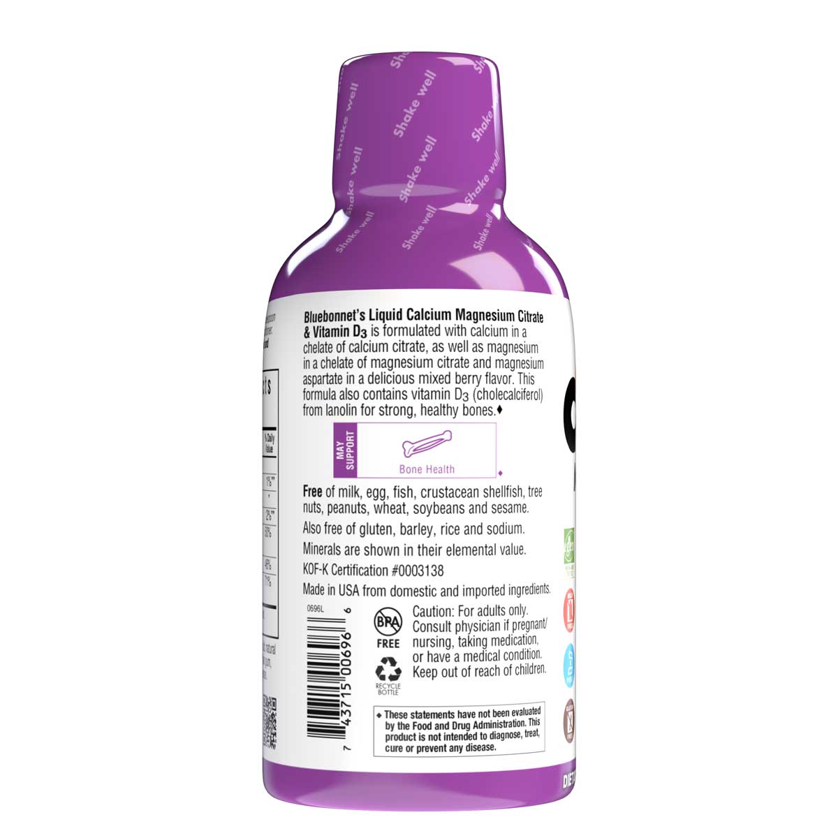 Bluebonnet's Liquid Calcium Magnesium Citrate with Vitamin D3 are formulated with calcium in a chelate of calcium citrate, as well as magnesium in a chelate of magnesium citrate and magnesium aspartate in a delicious mixed berry flavor. Plus, this formula are formulated with vitamin D3 (cholecalciferol) from lanolin for strong healthy bones. Description panel. #flavor_mixed berry