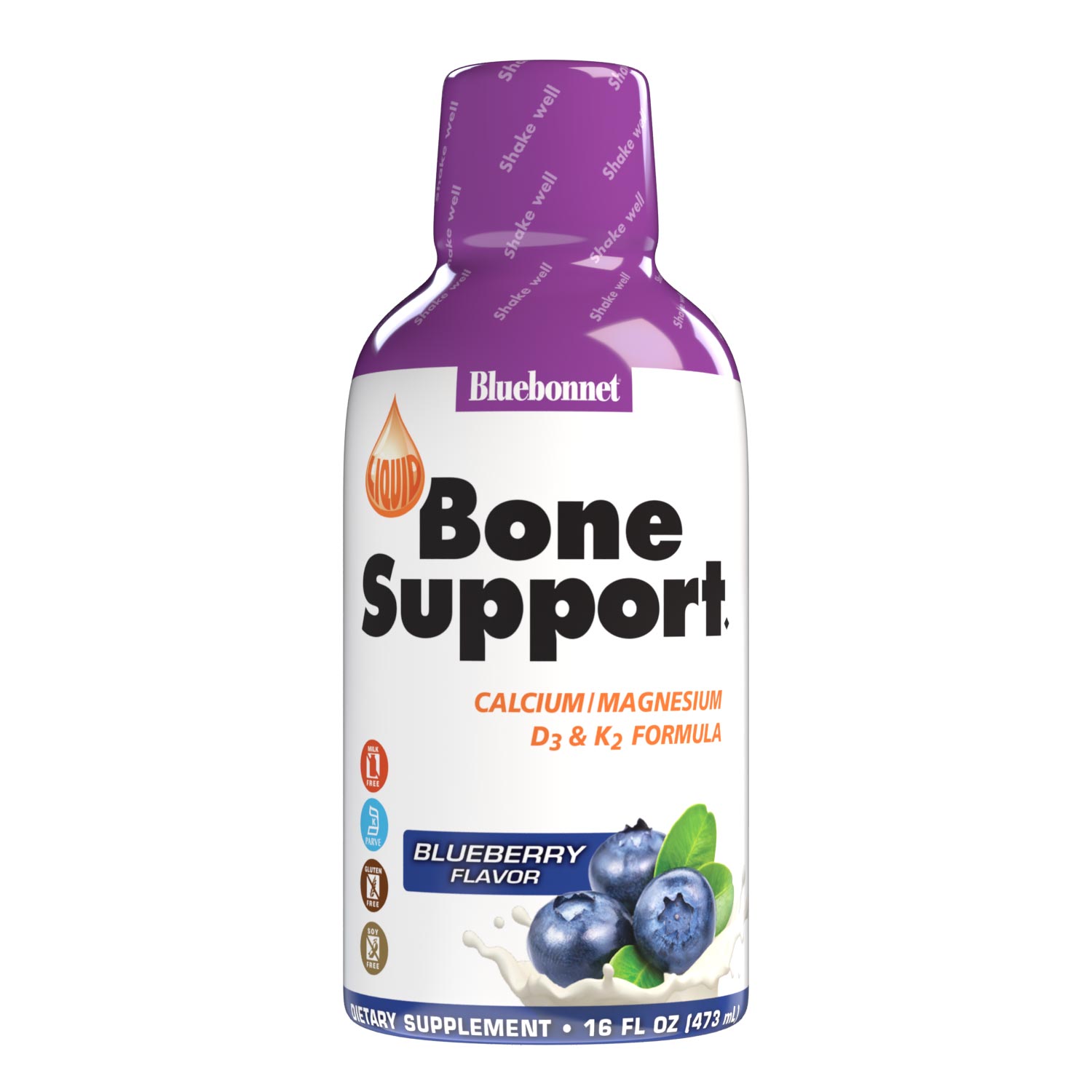 Bluebonnet's Liquid Bone Support with Calcium Magnesium and Vitamins D3 & K2 is formulated with the more bioavailable chelated forms of calcium (calcium citrate) and magnesium (magnesium citrate and aspartate). Calcium and magnesium are not just necessary for healthy bones and teeth; they are also essential for healthy blood circulation, nerve impulse transmission, muscle contractions, and cell metabolism. #size_16 fl oz