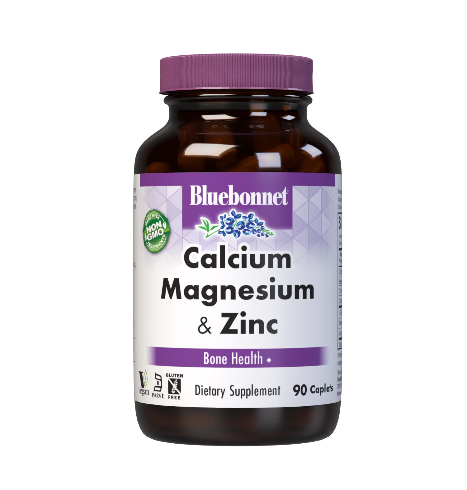 Bluebonnet's Calcium Magnesium & Zinc 90 Caplets are formulated with a combination of calcium, magnesium, zinc, copper and boron along with L-glutamic acid and horsetail powder for strong, healthy bones. #size_90 count