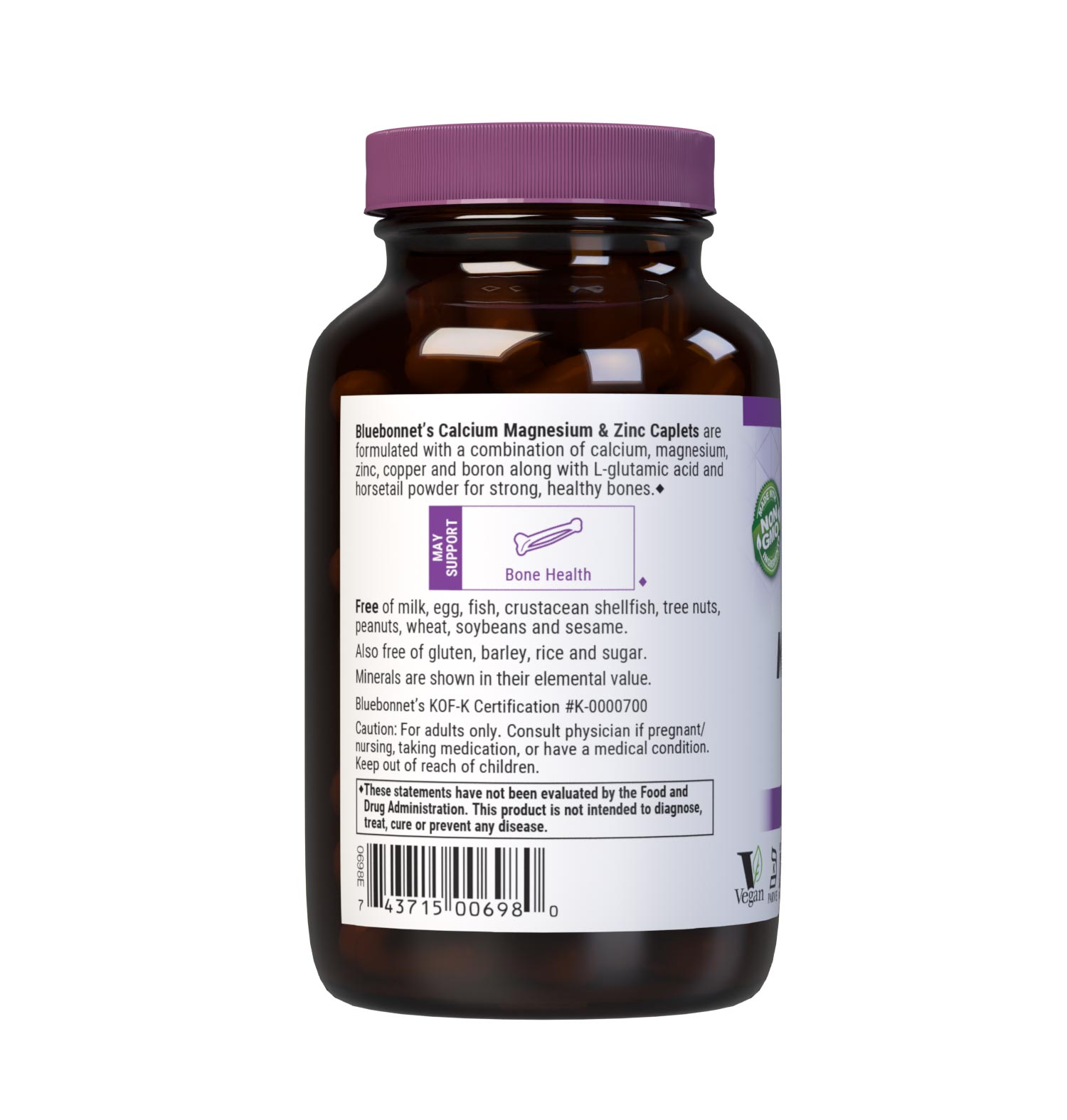 Bluebonnet's Calcium Magnesium & Zinc 90 Caplets are formulated with a combination of calcium, magnesium, zinc, copper and boron along with L-glutamic acid and horsetail powder for strong, healthy bones. Description panel. #size_90 count