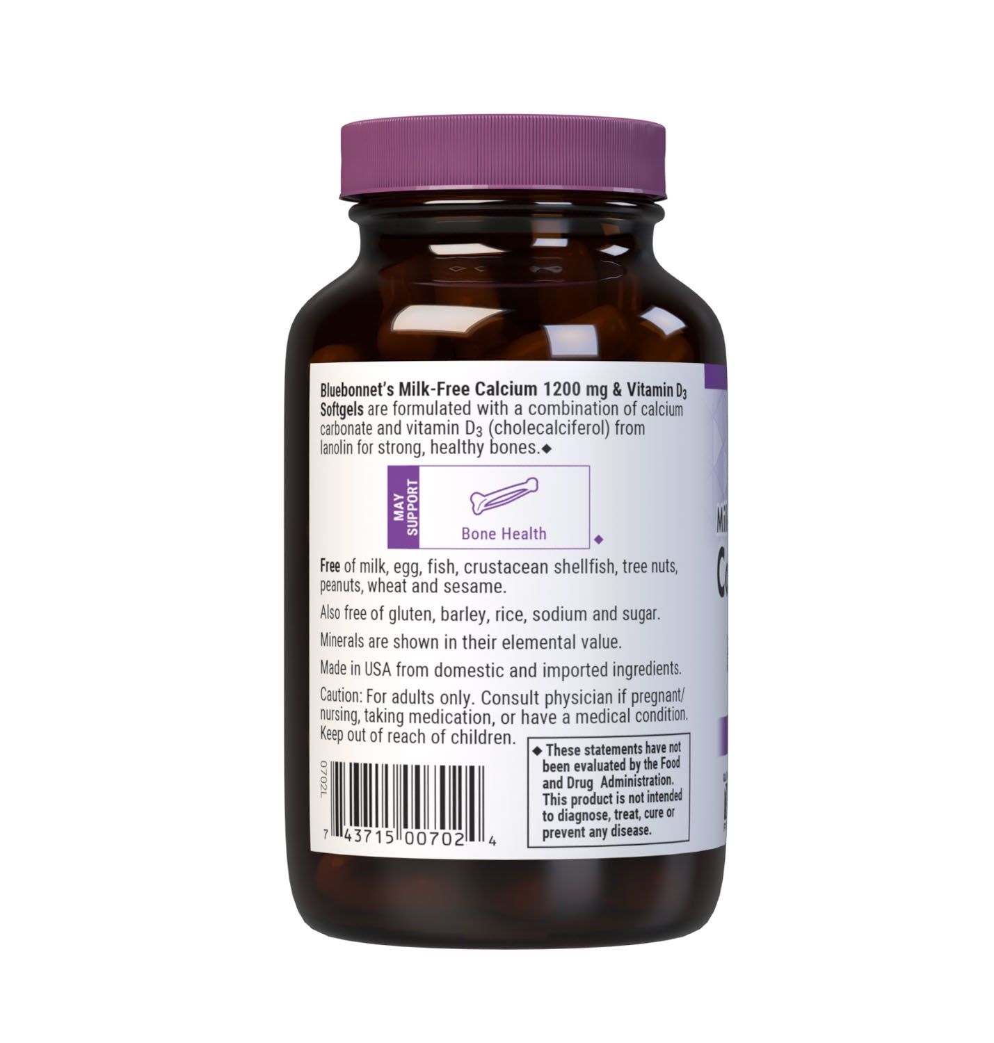 Bluebonnet’s Milk-Free Calcium 1200 mg & Vitamin D3 60 Softgels are formulated with a combination of calcium carbonate and vitamin D3 (cholecalciferol) from lanolin for strong, healthy bones. Description panel. #size_60 count