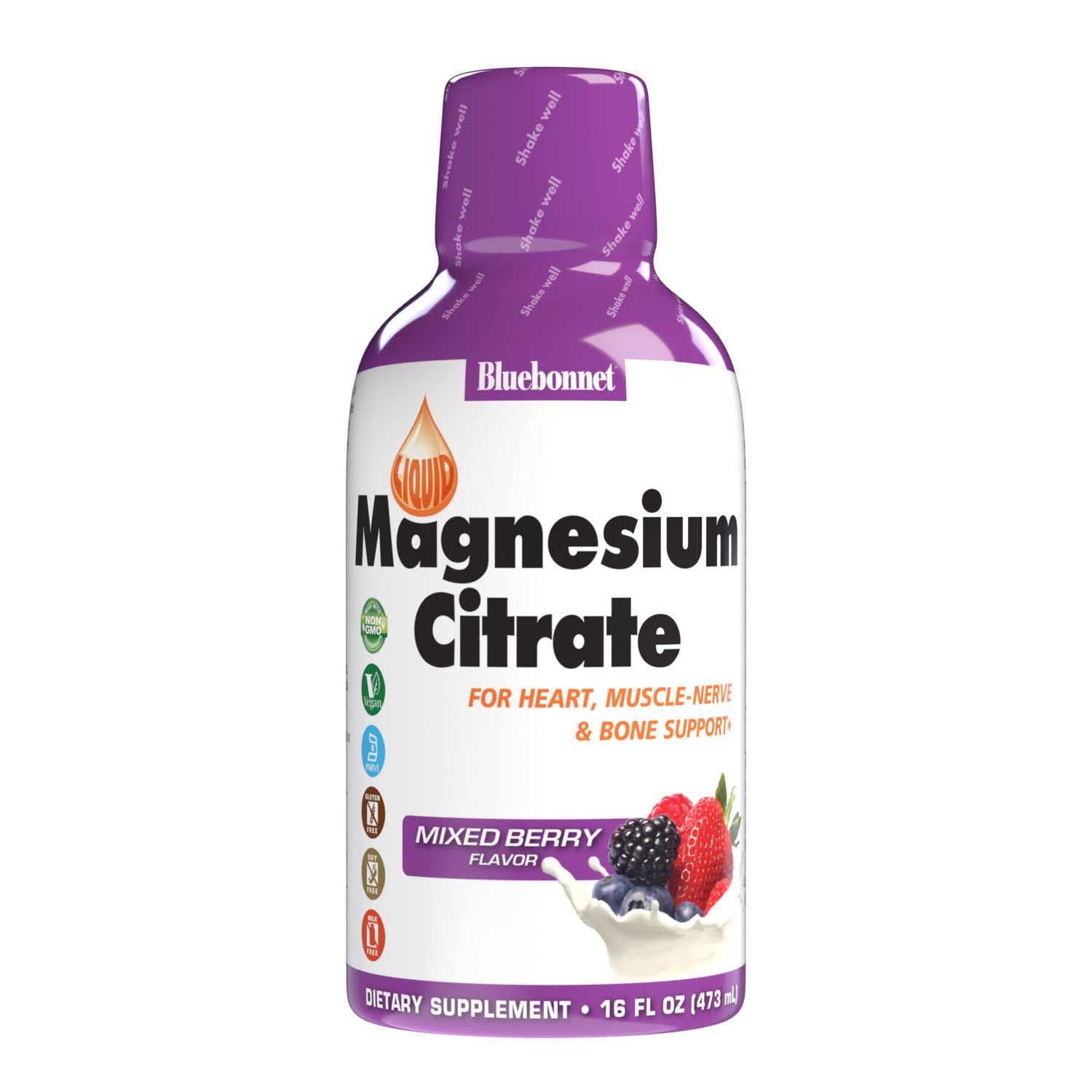 Bluebonnet's Liquid Magnesium Citrate is formulated with a special, water-soluble form of magnesium chelated to citrate. Magnesium is required in over 300 biochemical reactions in the body but is primarily known to calm the mind and body, reduce stress, induce restful sleep, increase bone density, as well as support immune and cardiovascular health. Delicious mixed berry flavor. #size_16 fl oz (473 mL)
