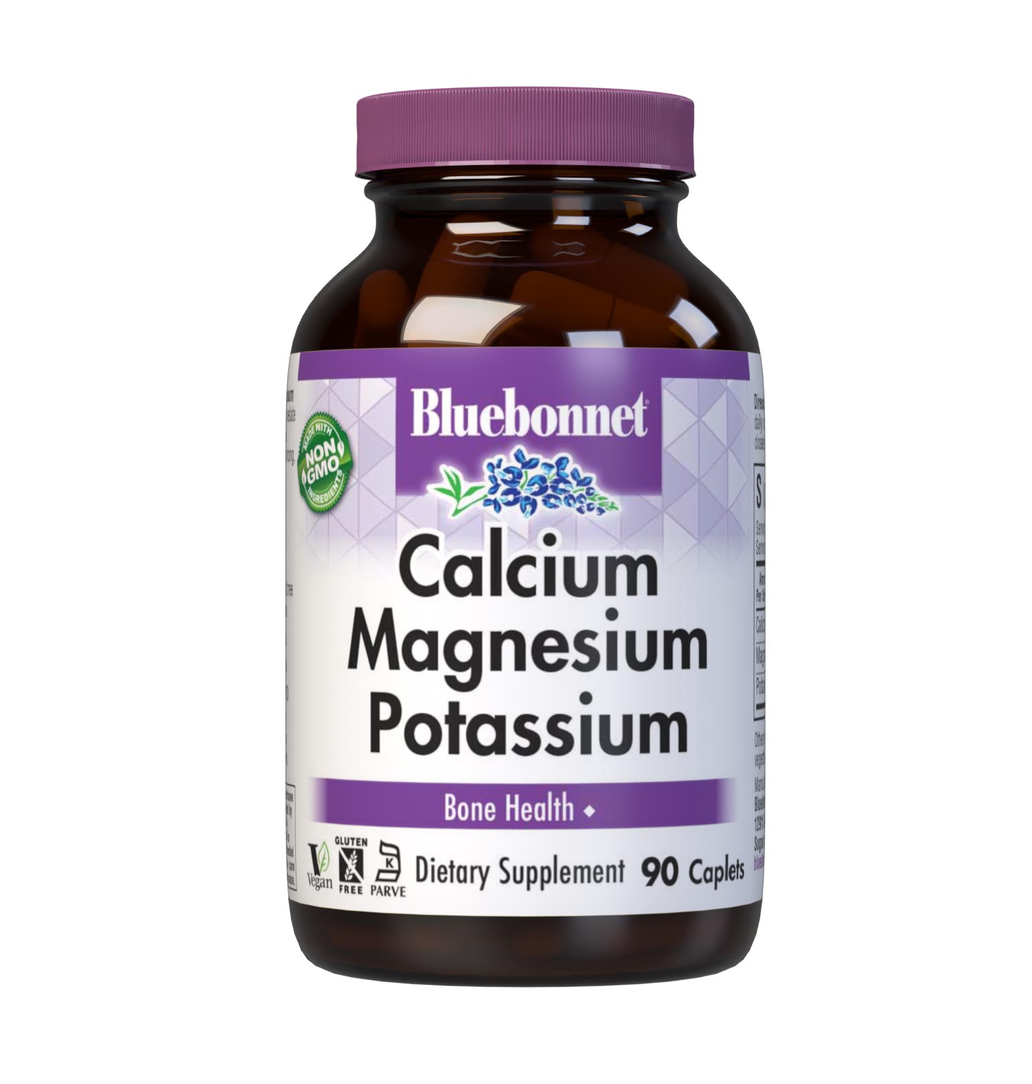 Bluebonnet's Calcium Magnesium Potassium 90 Caplets are formulated with calcium in a chelate of calcium citrate along with fully reacted magnesium and potassium aspartate for strong, healthy bones. #size_90 count