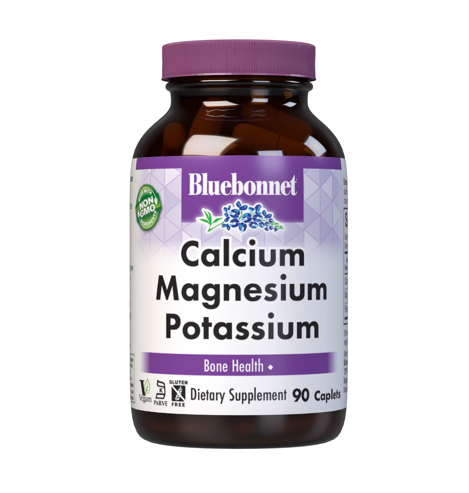 Bluebonnet's Calcium Magnesium Potassium 90 Caplets are formulated with calcium in a chelate of calcium citrate along with fully reacted magnesium and potassium aspartate for strong, healthy bones. #size_90 count