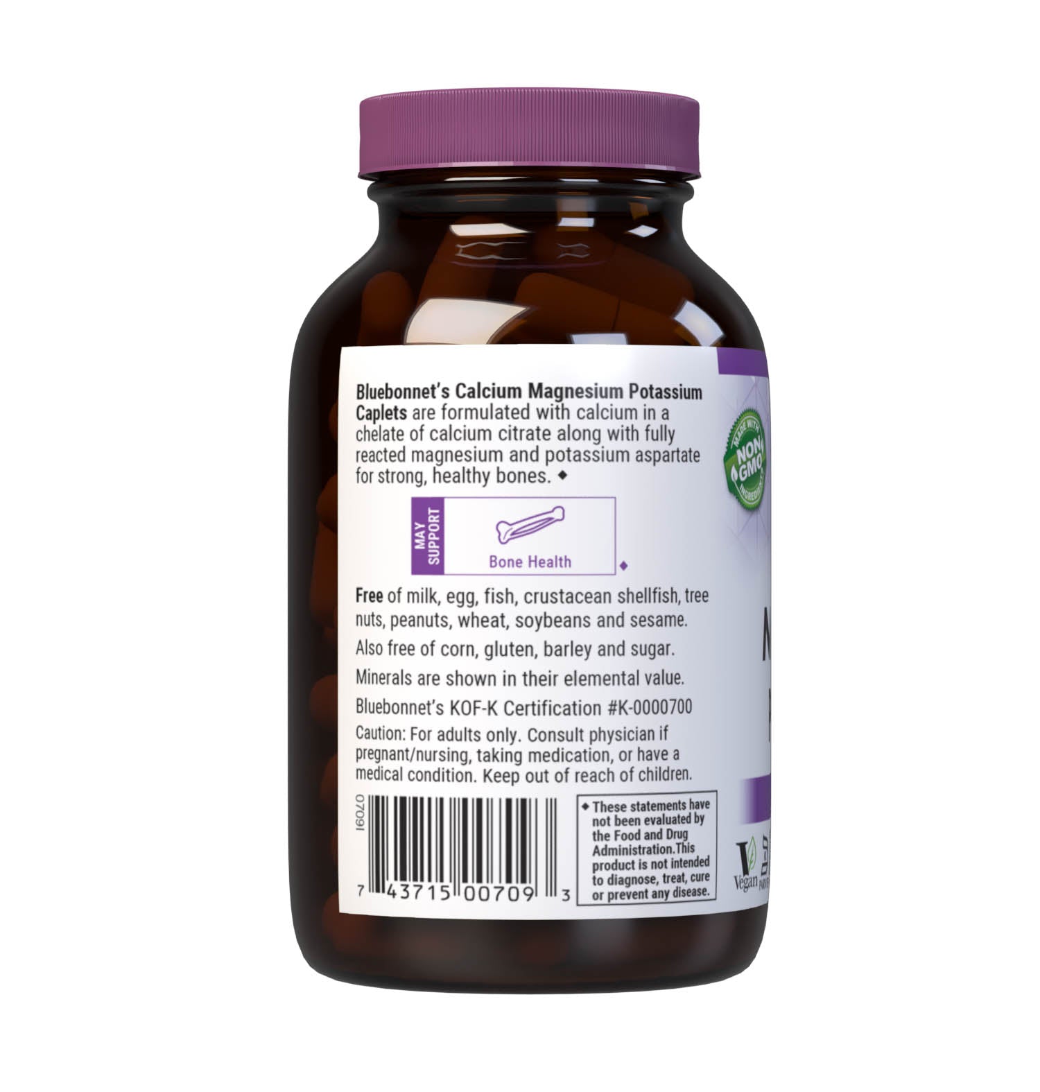 Bluebonnet's Calcium Magnesium Potassium 90 Caplets are formulated with calcium in a chelate of calcium citrate along with fully reacted magnesium and potassium aspartate for strong, healthy bones. Description panel. #size_90 count