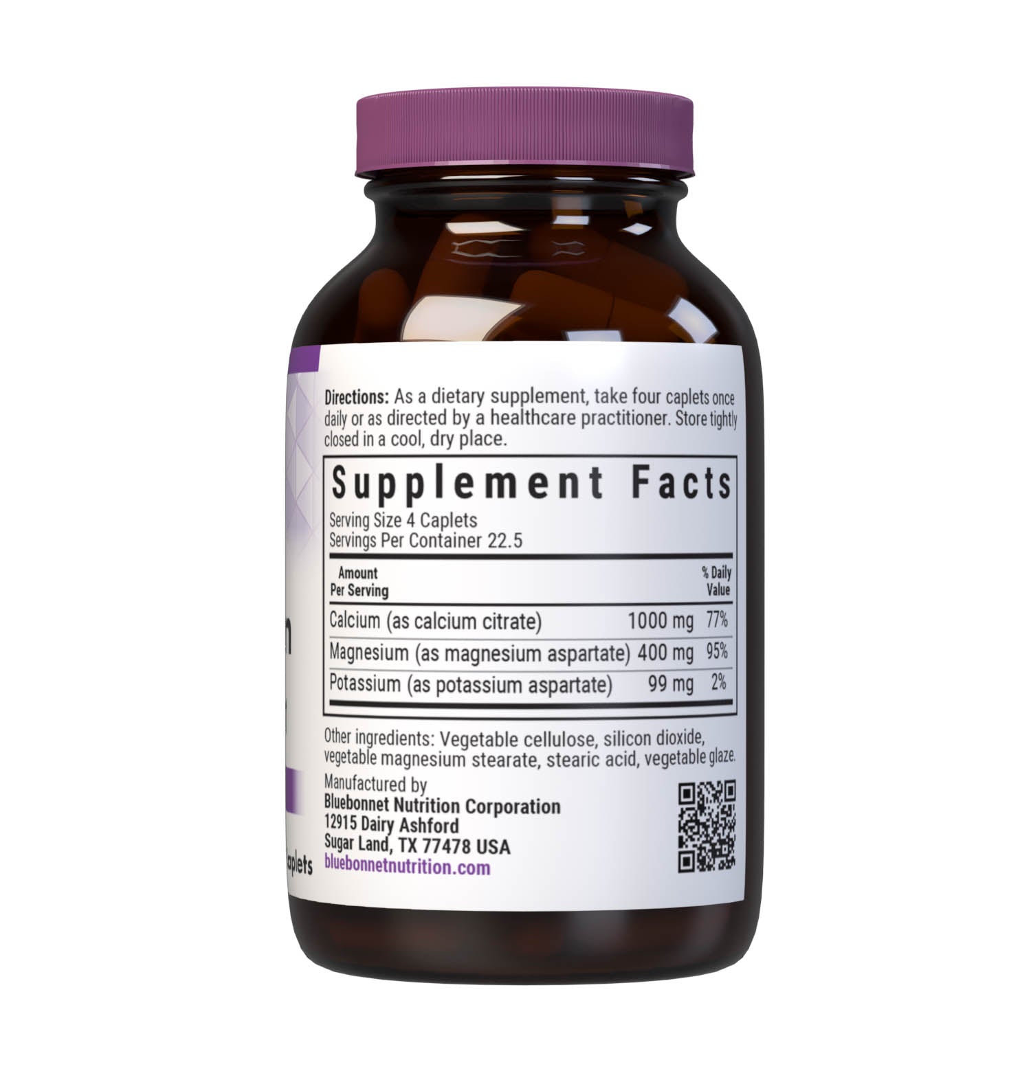 Bluebonnet's Calcium Magnesium Potassium 90 Caplets are formulated with calcium in a chelate of calcium citrate along with fully reacted magnesium and potassium aspartate for strong, healthy bones. Supplement facts panel. #size_90 count