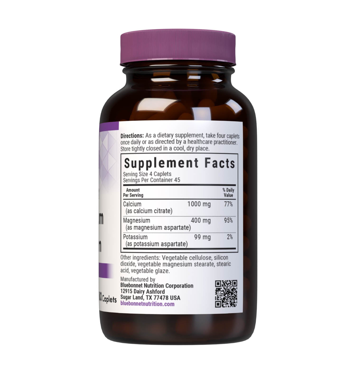 Bluebonnet's Calcium Magnesium Potassium 180 Caplets are formulated with calcium in a chelate of calcium citrate along with fully reacted magnesium and potassium aspartate for strong, healthy bones. Supplement facts panel. #size_180 count