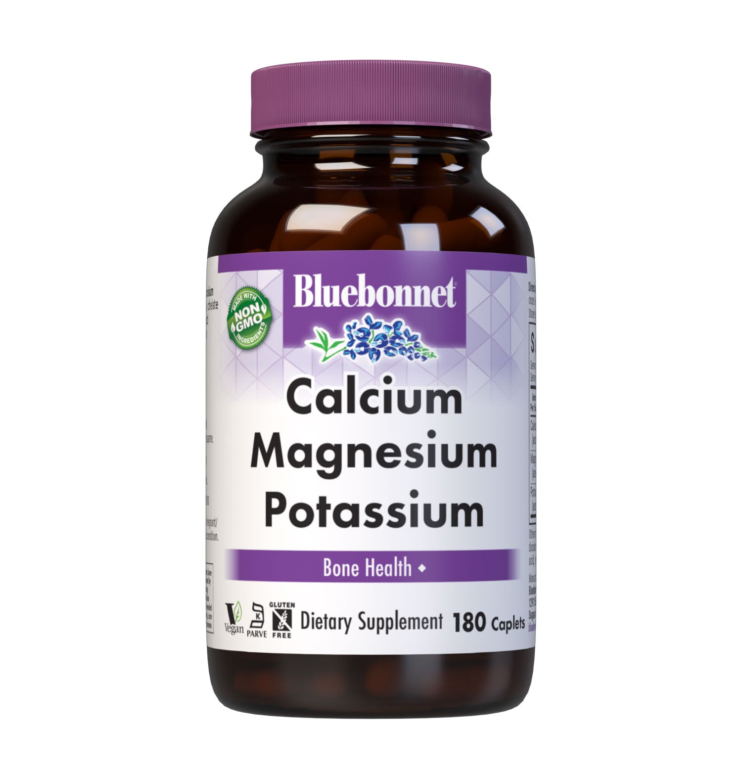 Bluebonnet's Calcium Magnesium Potassium 180 Caplets are formulated with calcium in a chelate of calcium citrate along with fully reacted magnesium and potassium aspartate for strong, healthy bones. #size_180 count