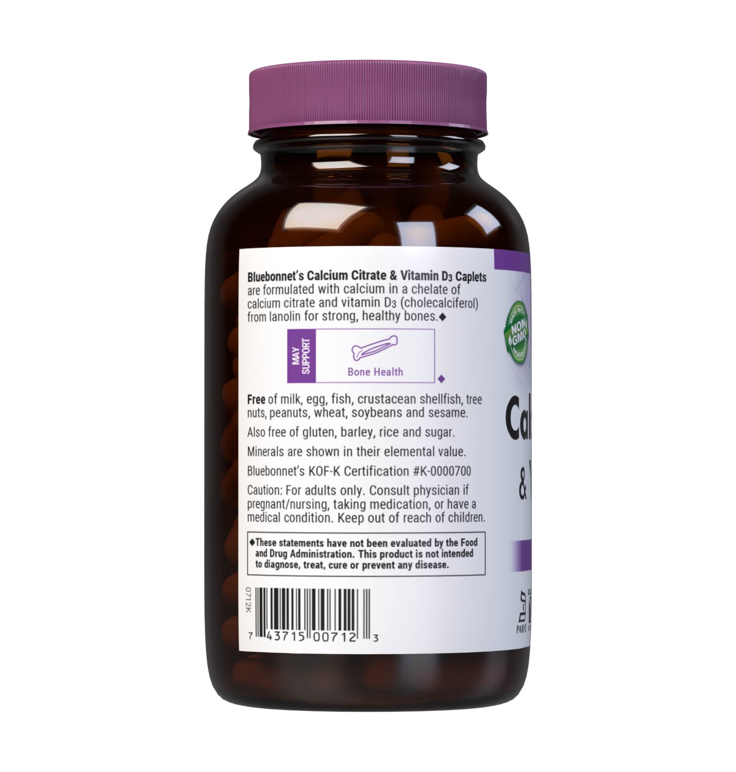 Bluebonnet's Calcium Citrate and Vitamin D3 180 Caplets are formulated with calcium in a chelate of calcium citrate and vitamin D3 (cholecalciferol) from lanolin for strong, healthy bones. Description panel. #size_180 count