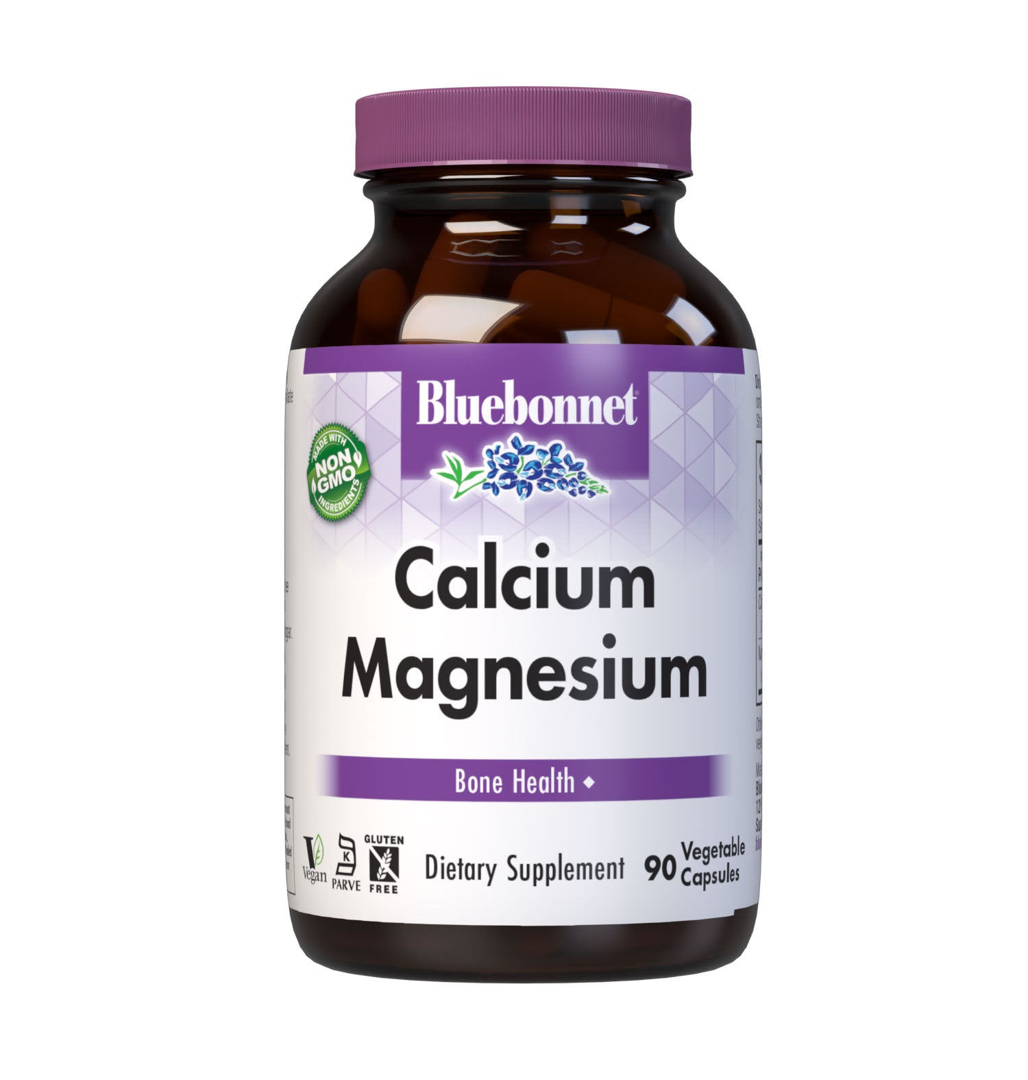 Bluebonnet's Calcium & Magnesium 90 Vegetable Capsules are formulated with calcium in a chelate of calcium citrate and malate, plus magnesium from fully reacted magnesium aspartate for strong, healthy bones. #size_90 count