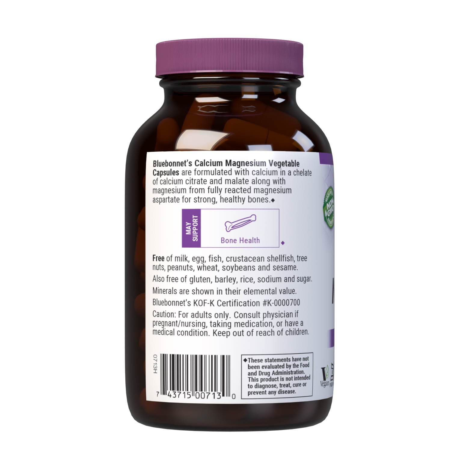 Bluebonnet's Calcium & Magnesium 90 Vegetable Capsules are formulated with calcium in a chelate of calcium citrate and malate, plus magnesium from fully reacted magnesium aspartate for strong, healthy bones. Description panel. #size_90 count