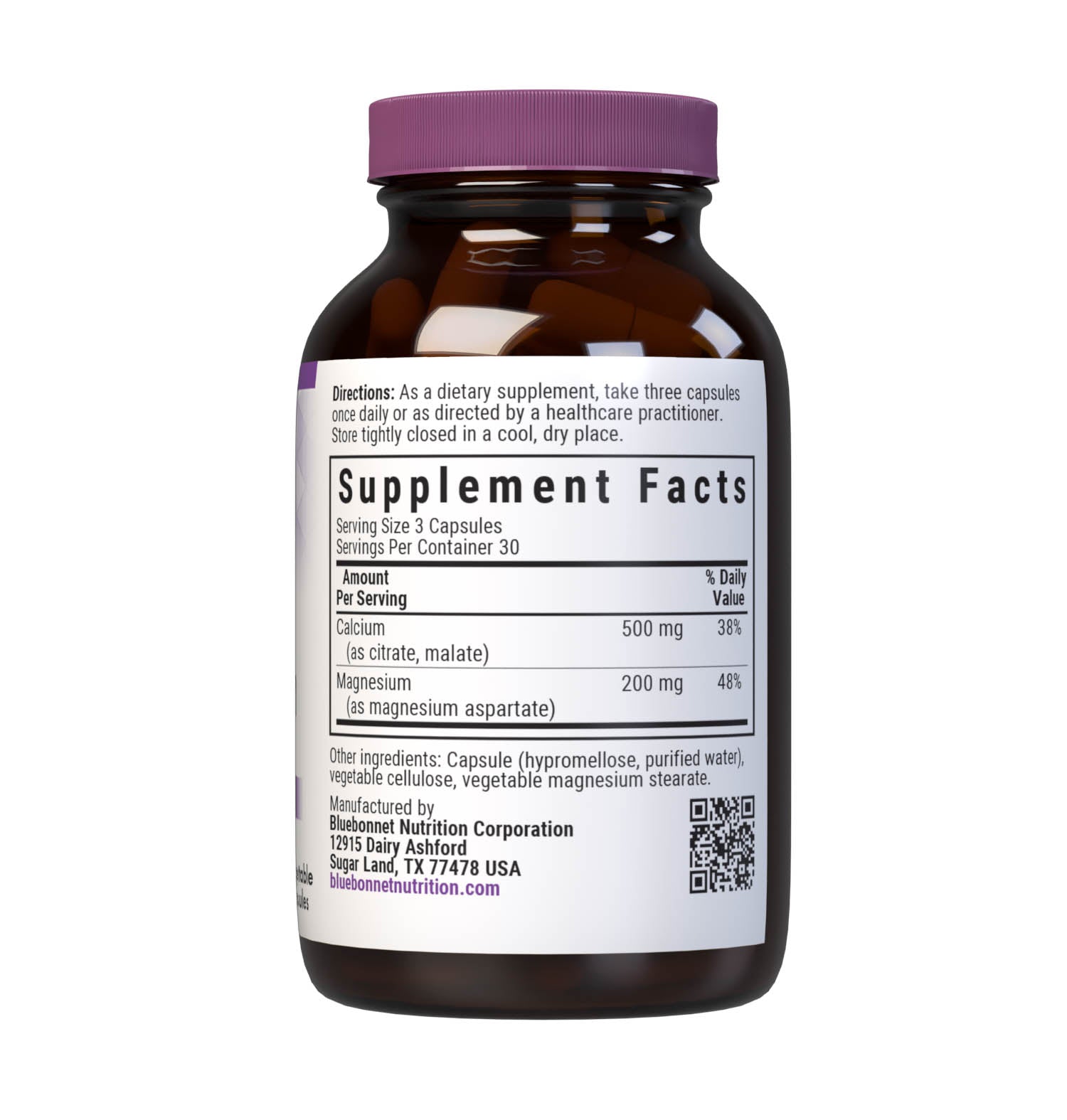 Bluebonnet's Calcium & Magnesium 90 Vegetable Capsules are formulated with calcium in a chelate of calcium citrate and malate, plus magnesium from fully reacted magnesium aspartate for strong, healthy bones. Supplement facts panel. #size_90 count