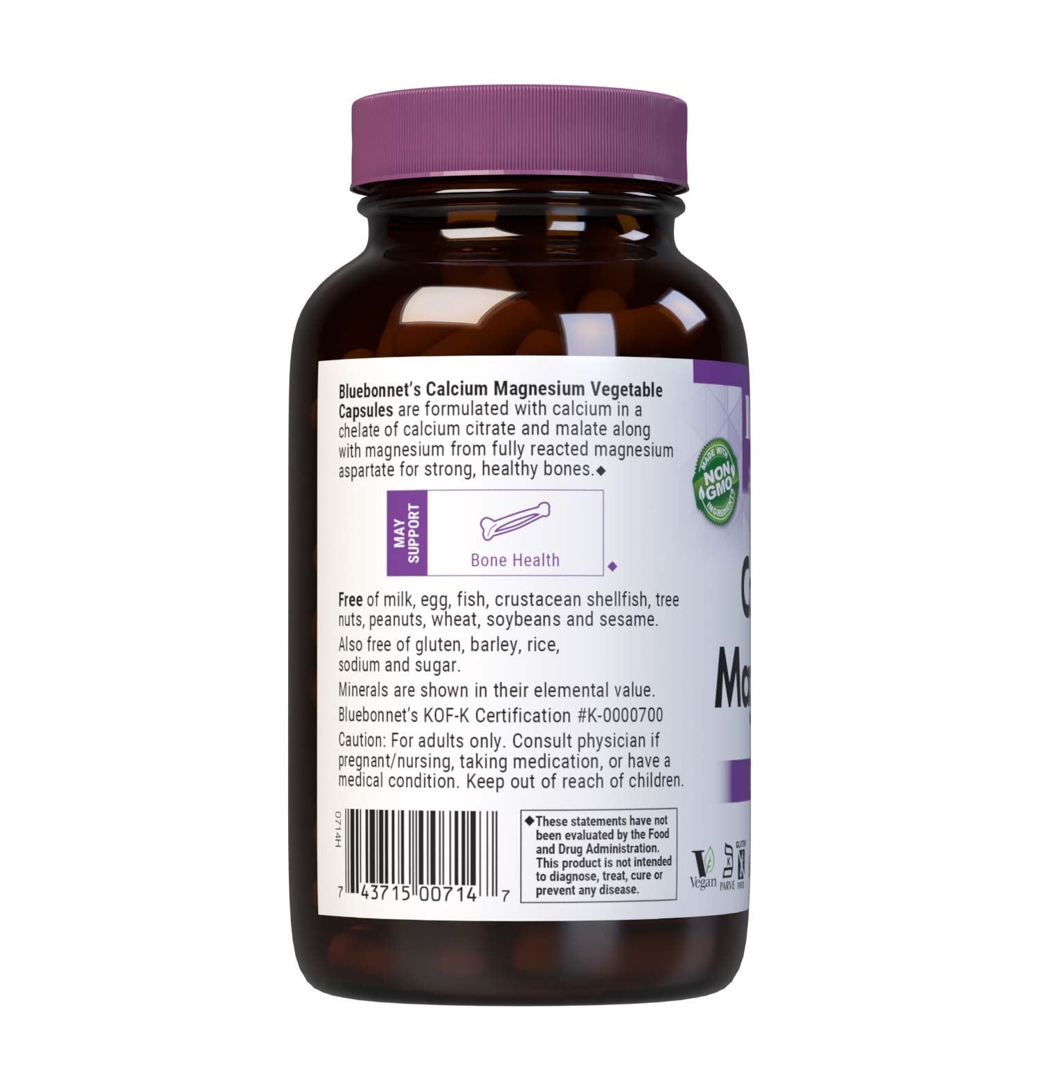 Bluebonnet's Calcium & Magnesium 180 Vegetable Capsules are formulated with calcium in a chelate of calcium citrate and malate, plus magnesium from fully reacted magnesium aspartate for strong, healthy bones. Description panel. #size_180 count