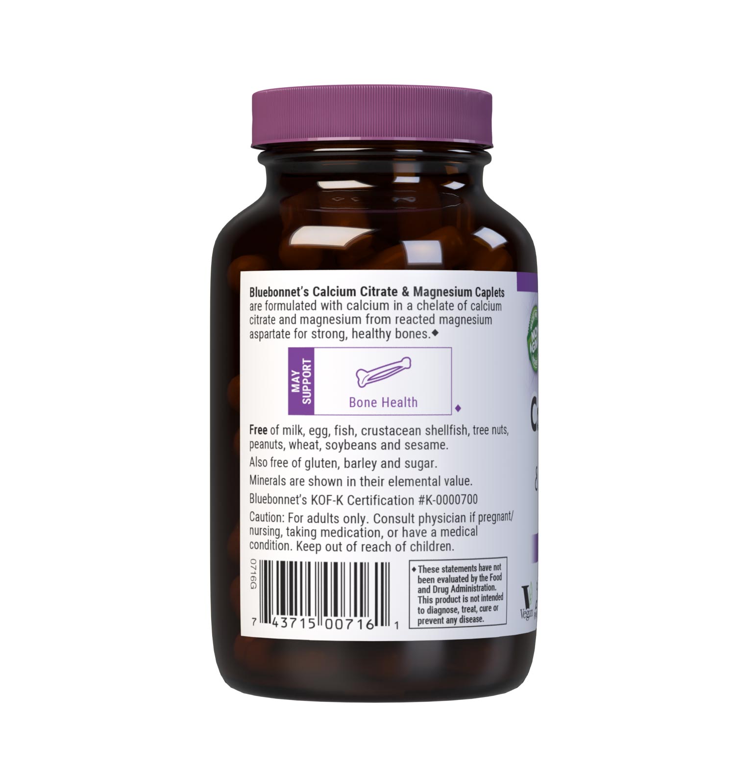 Bluebonnet's Calcium Citrate & Magnesium 90 Caplets are formulated with calcium in a chelate of calcium citrate and magnesium from reacted magnesium aspartate for strong, healthy bones. Description panel. #size_90 count