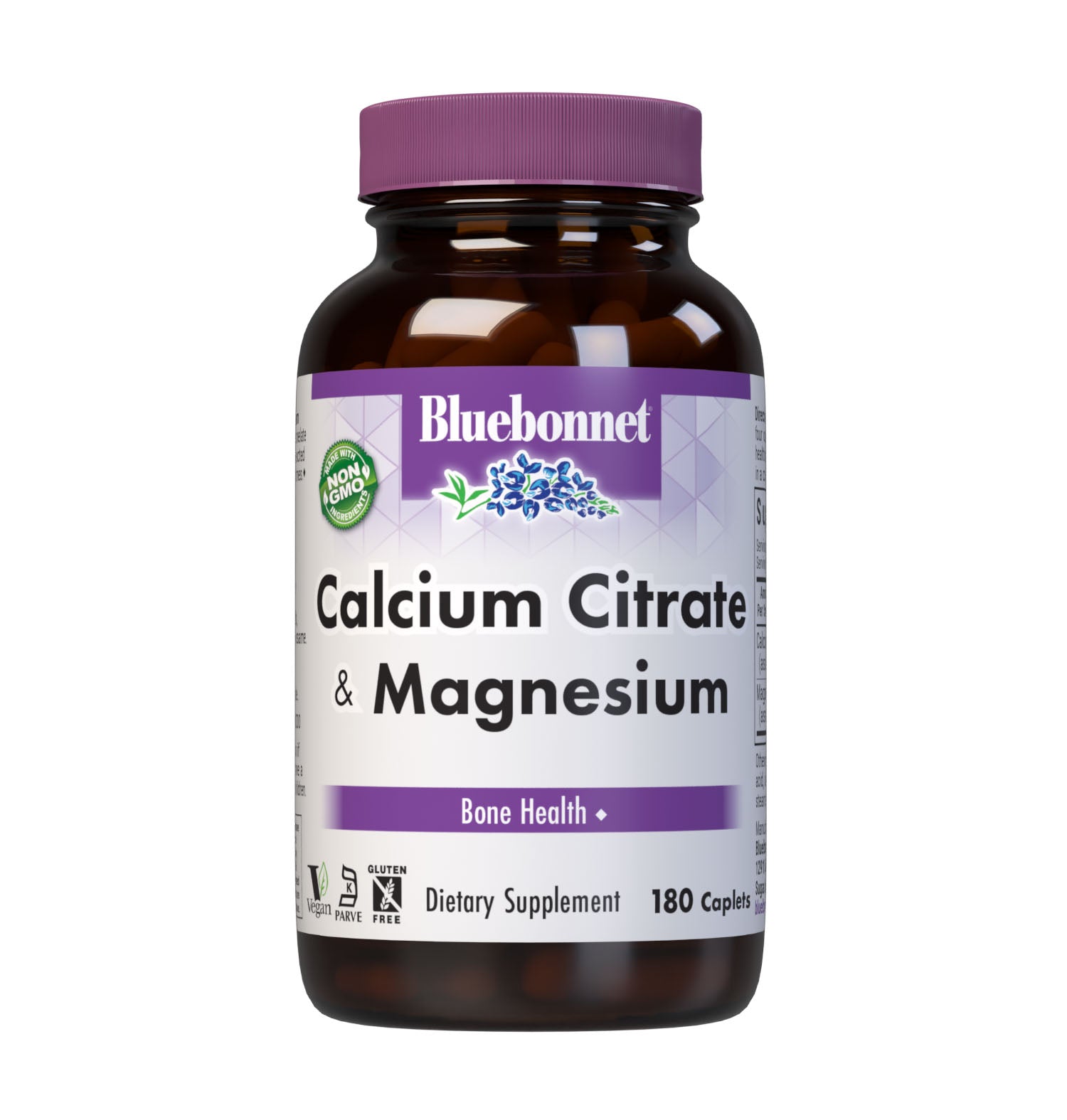 Bluebonnet's Calcium Citrate & Magnesium 180 Caplets are formulated with calcium in a chelate of calcium citrate and magnesium from reacted magnesium aspartate for strong, healthy bones. #size_180 count