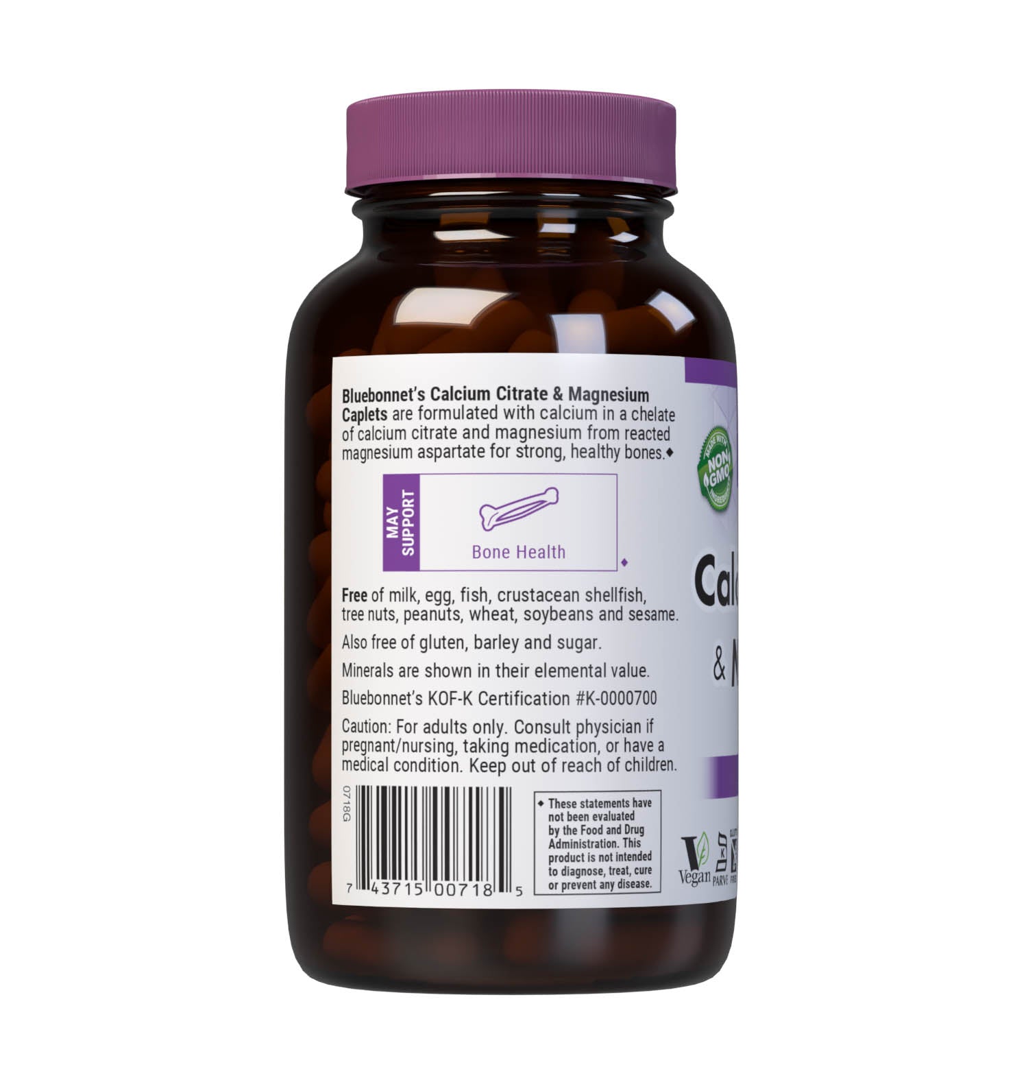 Bluebonnet's Calcium Citrate & Magnesium 180 Caplets are formulated with calcium in a chelate of calcium citrate and magnesium from reacted magnesium aspartate for strong, healthy bones. Description panel. #size_180 count