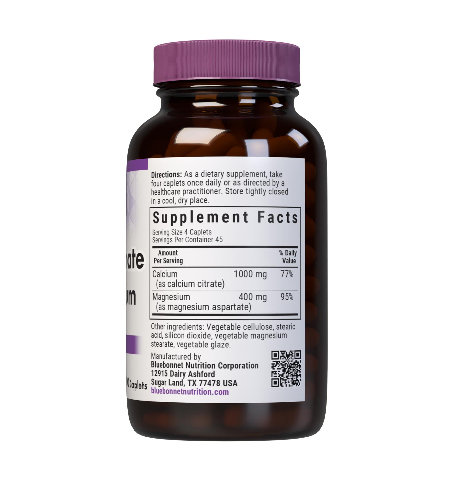 Bluebonnet's Calcium Citrate & Magnesium 180 Caplets are formulated with calcium in a chelate of calcium citrate and magnesium from reacted magnesium aspartate for strong, healthy bones. Supplement facts panel. #size_180 count