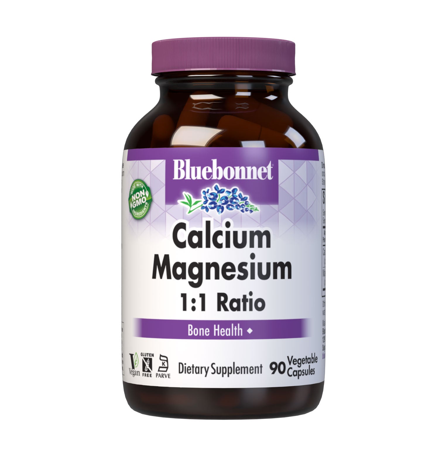 Bluebonnet's Calcium Magnesium 1:1 90 Vegetable Capsules are formulated with a 1:1 ratio of calcium in a chelate of calcium citrate and malate, along with magnesium from fully reacted magnesium aspartate for strong, healthy bones. #size_90 count