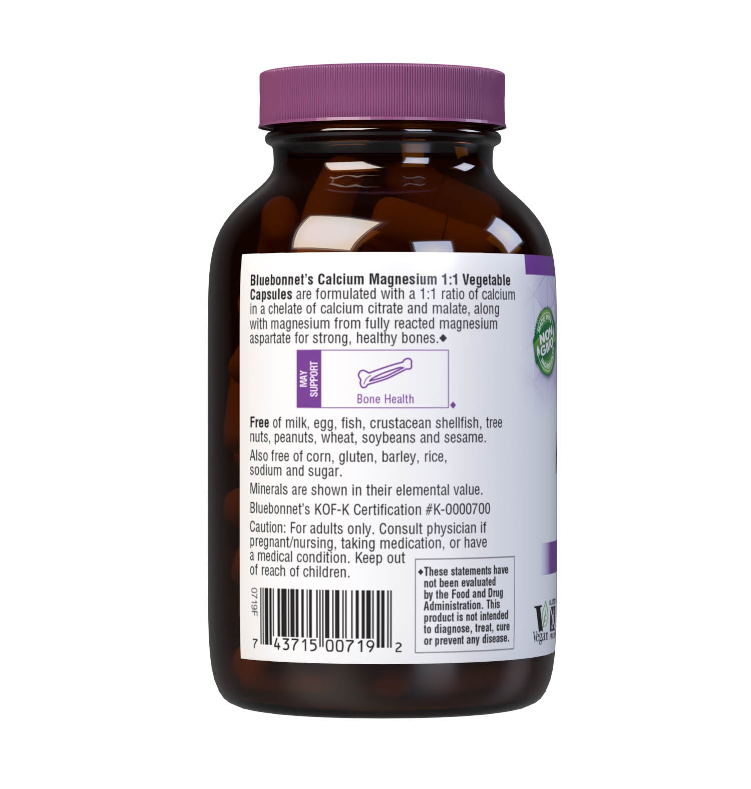 Bluebonnet's Calcium Magnesium 1:1 90 Vegetable Capsules are formulated with a 1:1 ratio of calcium in a chelate of calcium citrate and malate, along with magnesium from fully reacted magnesium aspartate for strong, healthy bones. Description panel. #size_90 count