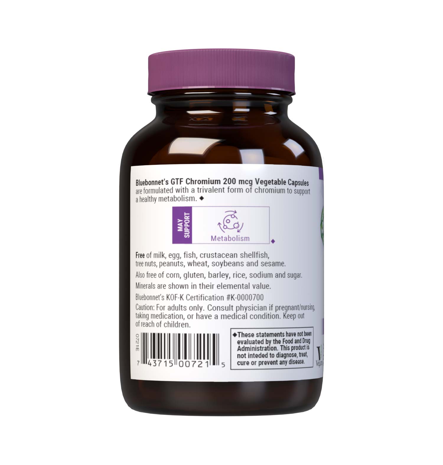 Bluebonnet's GTF Chromium 200 mcg 100 Vegetable Capsules are formulated with GTF, a yeast-source trivalent chromium to help support blood sugar levels that are already within a normal range. Description panel. #size_100 count