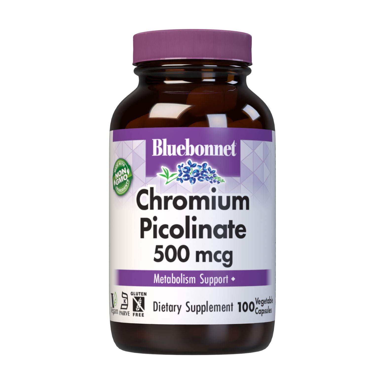 Bluebonnet's Chromium Picolinate 500 mcg 100 Vegetable Capsules are formulated with yeast-free chromium in a chelate of picolinic acid. Chromium is a micromineral that supports healthy glucose metabolism. #size_100 count