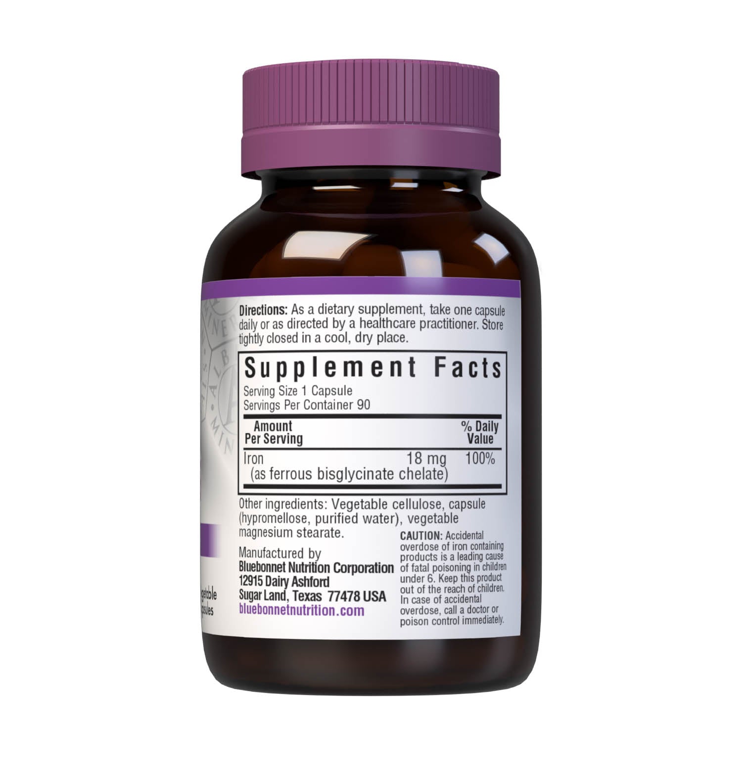 Bluebonnet's Chelated Iron 18 mg 90 Vegetable Capsules are formulated with a gentle, non-constipating form of iron known as Ferrochel, a patented, fully reacted chelated ferrous bisglycinate from Albion. Iron is an essential element that is necessary for healthy red blood cell production as well as transferring oxygen throughout the body. Supplement facts panel. #size_90 count