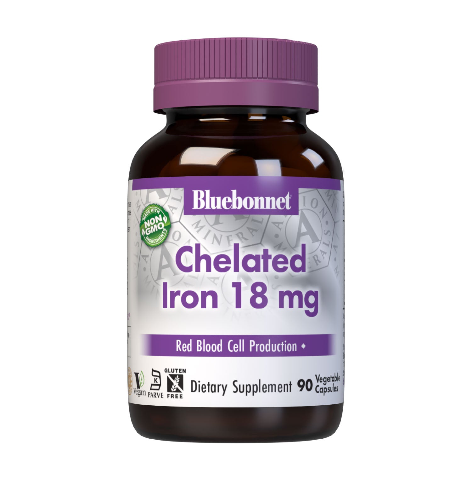 Bluebonnet's Chelated Iron 18 mg 90 Vegetable Capsules are formulated with a gentle, non-constipating form of iron known as Ferrochel, a patented, fully reacted chelated ferrous bisglycinate from Albion. Iron is an essential element that is necessary for healthy red blood cell production as well as transferring oxygen throughout the body. #size_90 count