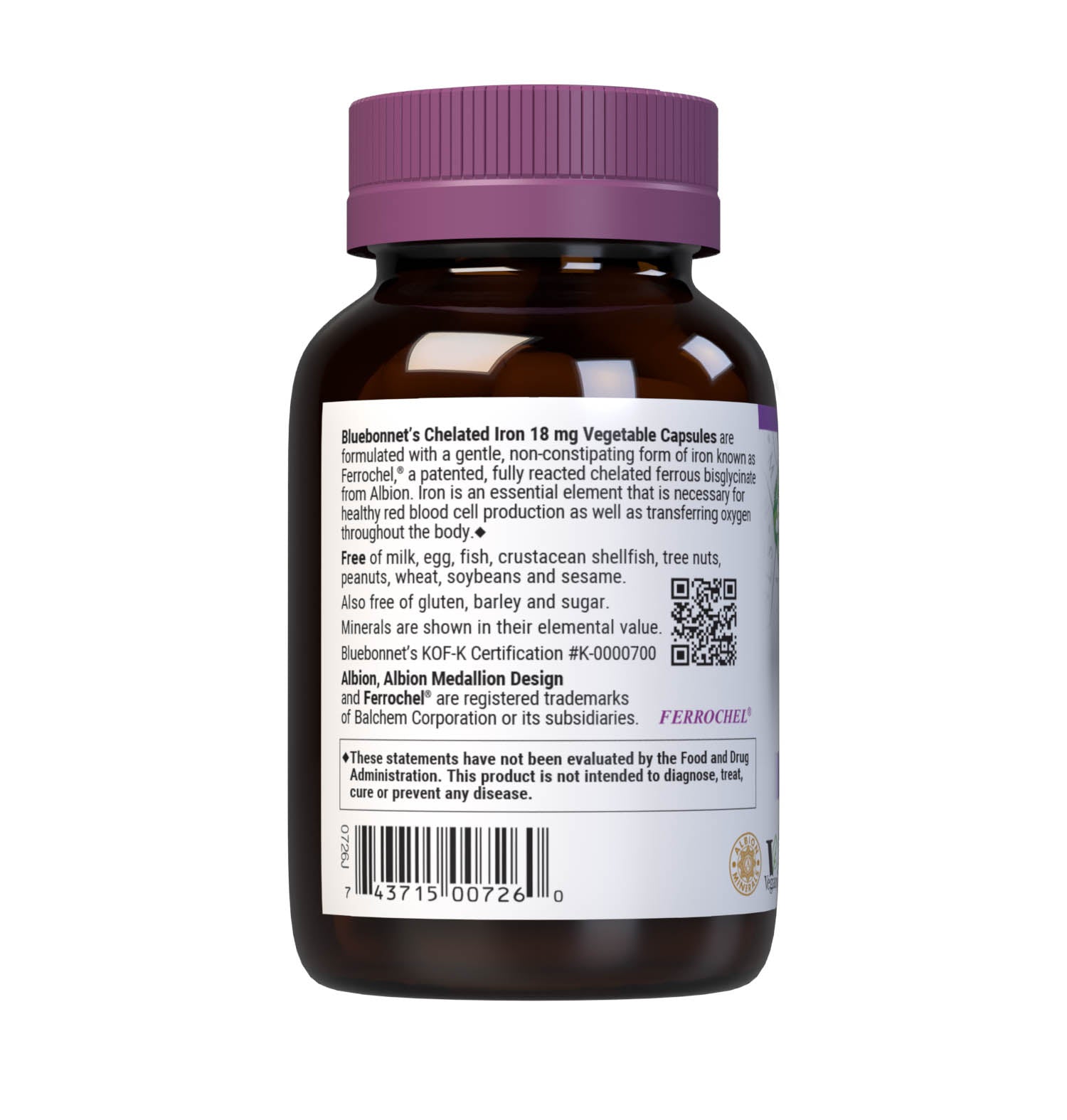 Bluebonnet's Chelated Iron 18 mg 90 Vegetable Capsules are formulated with a gentle, non-constipating form of iron known as Ferrochel, a patented, fully reacted chelated ferrous bisglycinate from Albion. Iron is an essential element that is necessary for healthy red blood cell production as well as transferring oxygen throughout the body. Description panel. #size_90 count