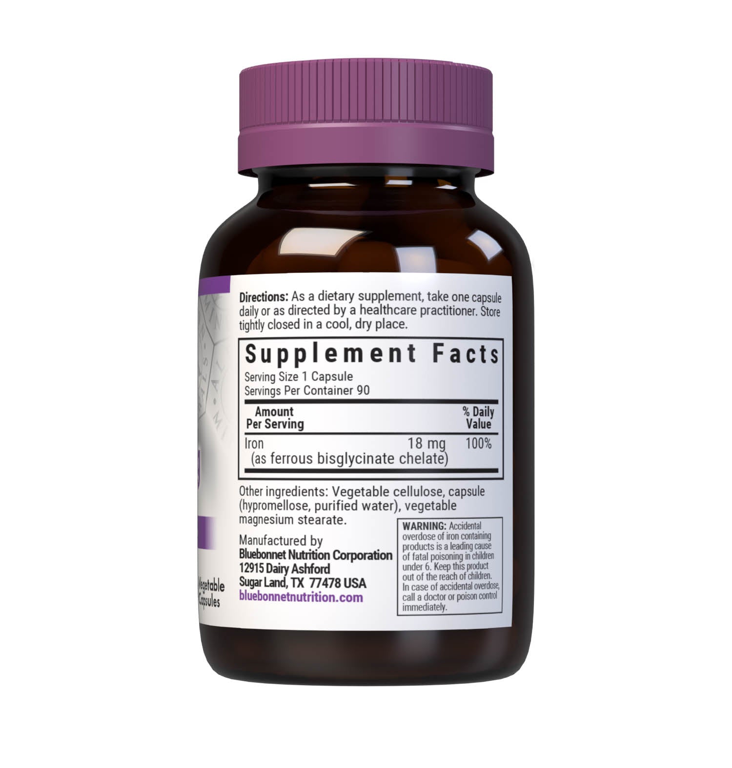 Bluebonnet's Chelated Iron 18 mg 90 Vegetable Capsules are formulated with a gentle, non-constipating form of iron known as Ferrochel, a patented, fully reacted chelated ferrous bisglycinate from Albion. Iron is an essential element that is necessary for healthy red blood cell production as well as transferring oxygen throughout the body. Supplement facts panel. #size_90 count