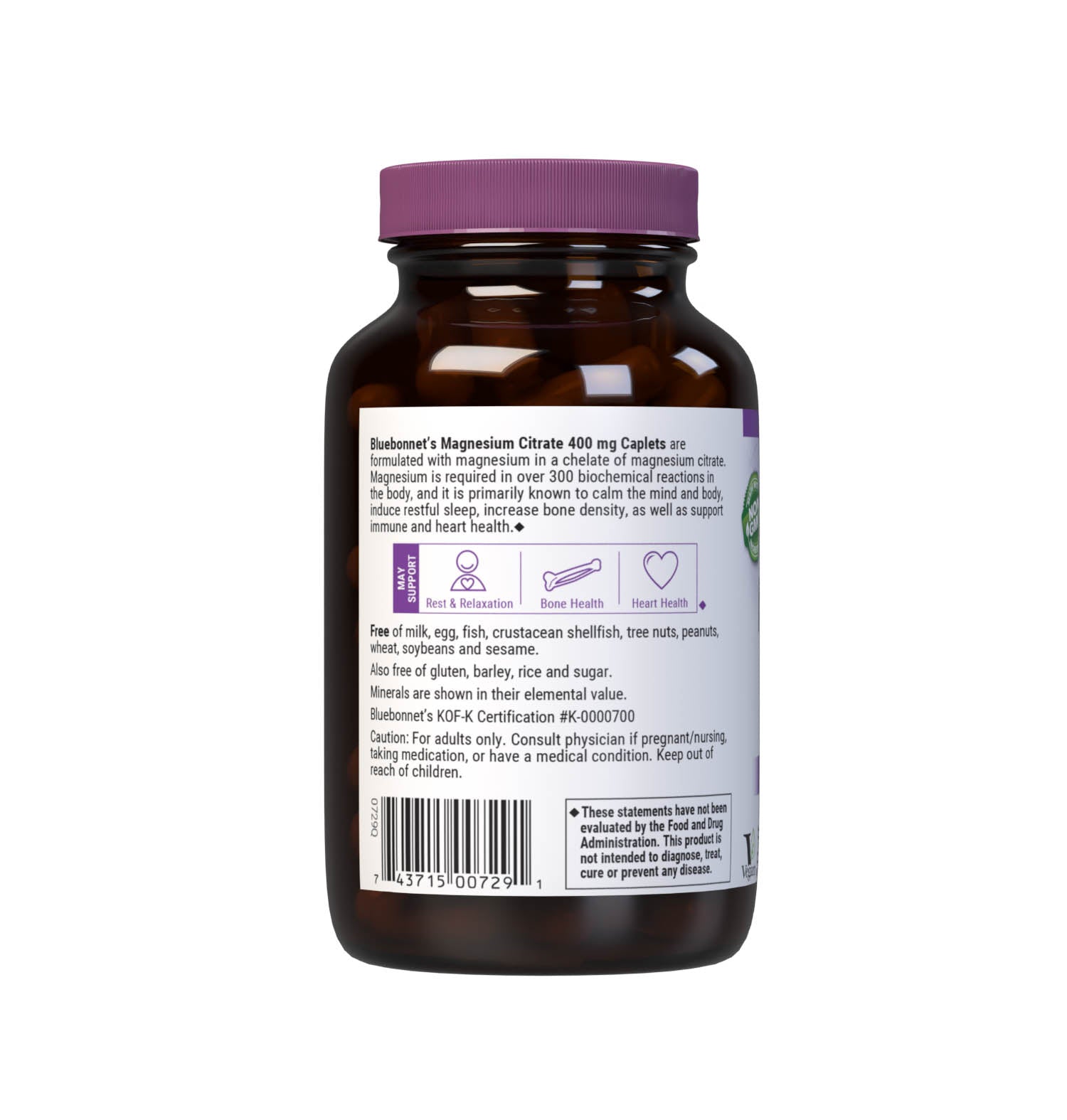 Bluebonnet's Magnesium Citrate 400 mg 60 Caplets are formulated with magnesium in a chelate of magnesium citrate. Magnesium is required in over 300 biochemical reactions in the body but is primarily known to calm the mind and body, reduce stress, induce restful sleep, increase bone density, as well as support immune and cardiovascular health. Description panel. #size_60 count