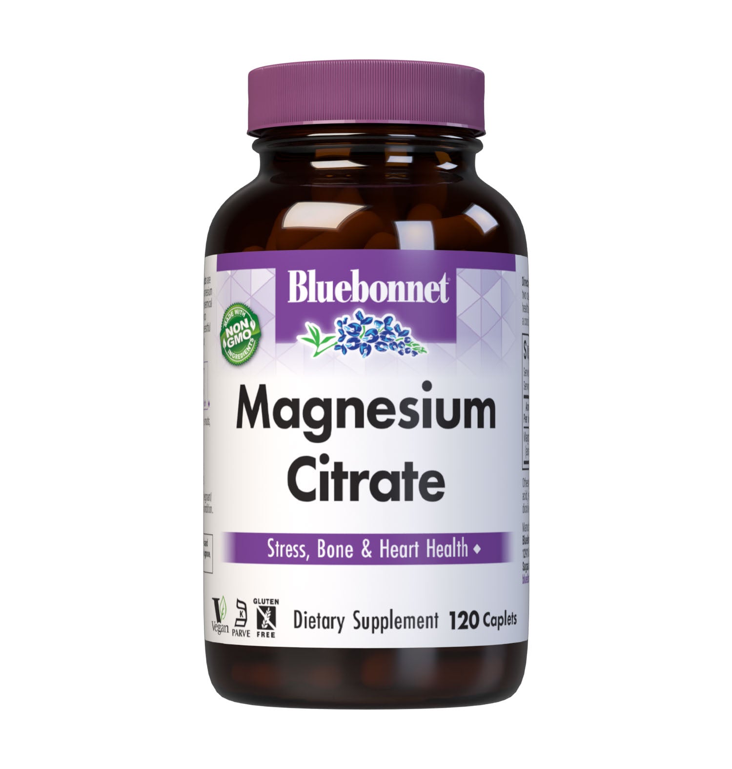 Bluebonnet's Magnesium Citrate 400 mg 120 Caplets are formulated with magnesium in a chelate of magnesium citrate. Magnesium is required in over 300 biochemical reactions in the body but is primarily known to calm the mind and body, reduce stress, induce restful sleep, increase bone density, as well as support immune and cardiovascular health. #size_120 count