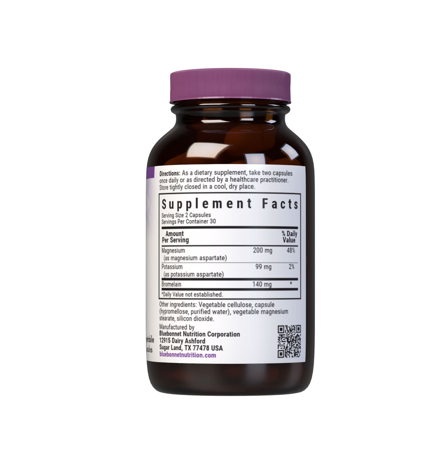 Bluebonnet's Magnesium Potassium & Bromelain 60 Vegetable Capsules are formulated with fully reacted magnesium and potassium aspartate with bromelain (2000 GDU/gram) from fresh pineapples to help support muscle health. Supplement facts panel. #size_60 count