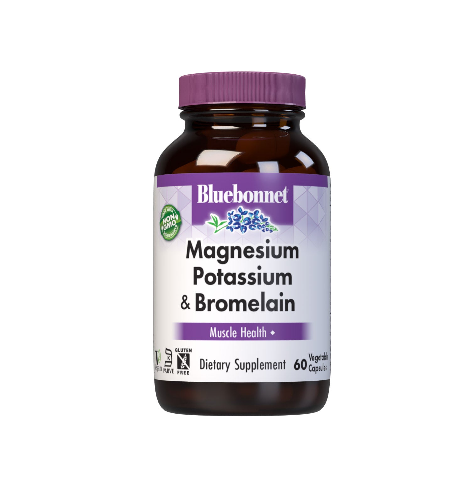 Bluebonnet's Magnesium Potassium & Bromelain 60 Vegetable Capsules are formulated with fully reacted magnesium and potassium aspartate with bromelain (2000 GDU/gram) from fresh pineapples to help support muscle health. #size_60 count