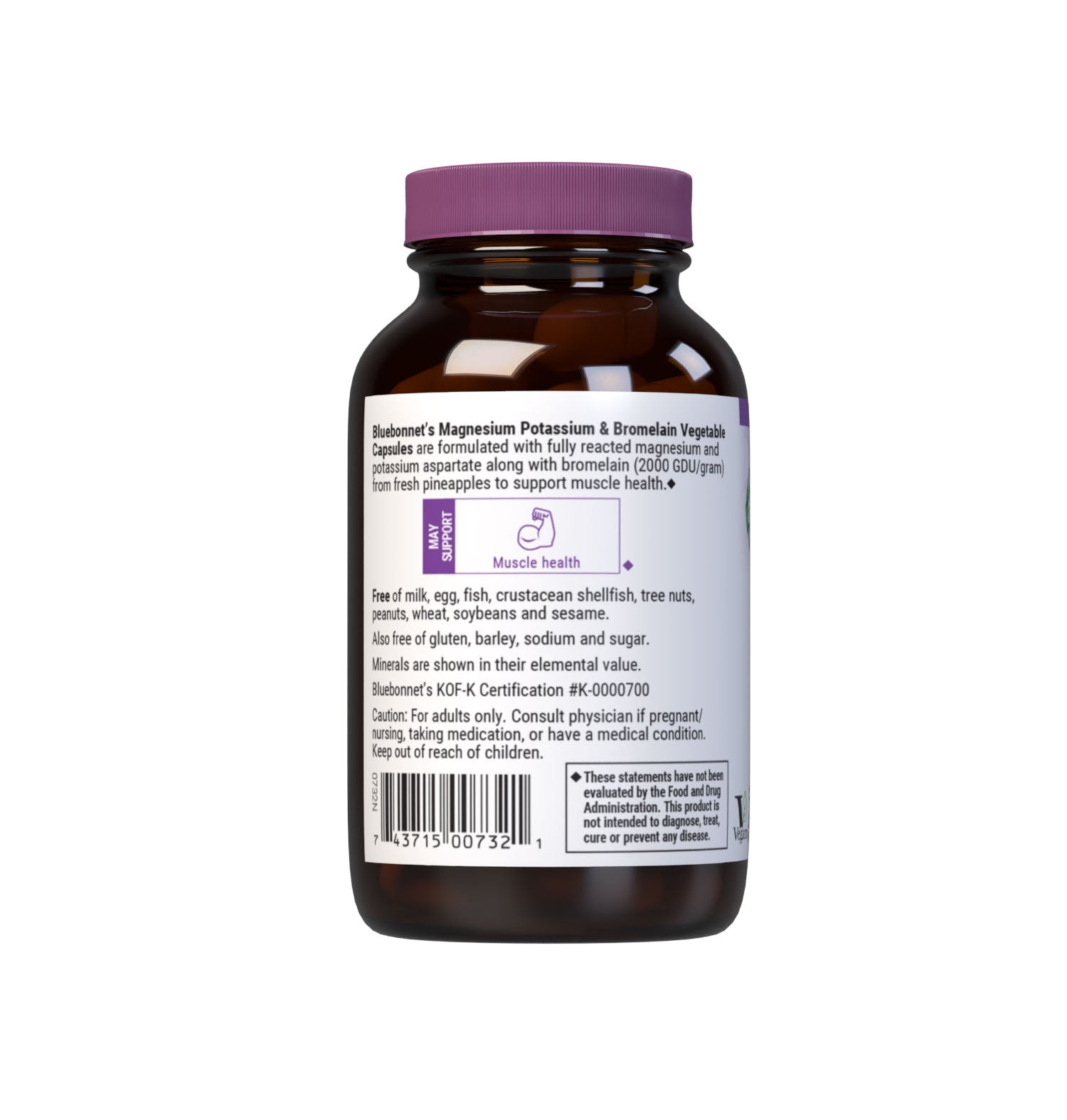 Bluebonnet's Magnesium Potassium & Bromelain 60 Vegetable Capsules are formulated with fully reacted magnesium and potassium aspartate with bromelain (2000 GDU/gram) from fresh pineapples to help support muscle health. Description panel. #size_60 count