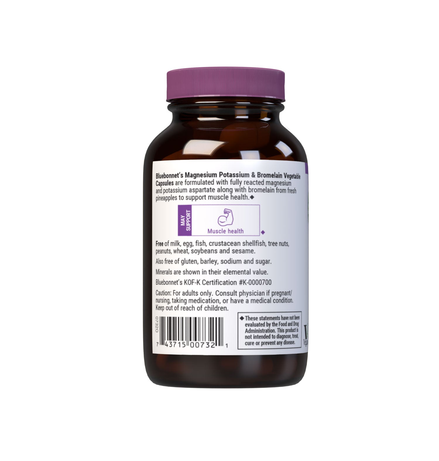 Bluebonnet's Magnesium Potassium & Bromelain 60 Vegetable Capsules are formulated with fully reacted magnesium and potassium aspartate with bromelain (2000 GDU/gram) from fresh pineapples to help support muscle health. Description panel. #size_60 count