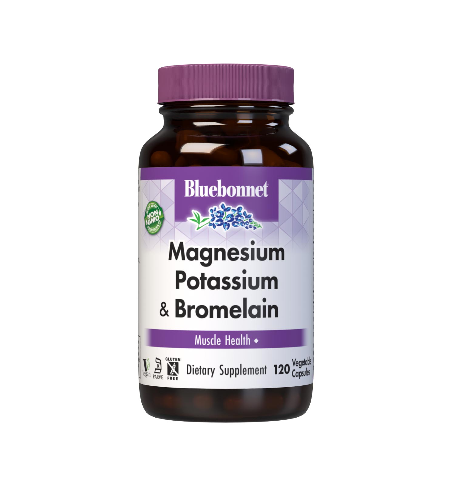 Bluebonnet's Magnesium Potassium & Bromelain 120 Vegetable Capsules are formulated with fully reacted magnesium and potassium aspartate with bromelain (2000 GDU/gram) from fresh pineapples to help support muscle health. #size_120 count