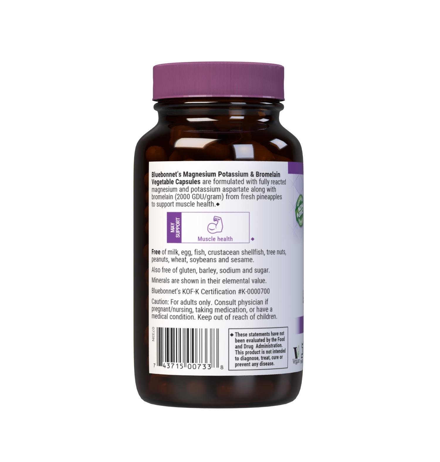 Bluebonnet's Magnesium Potassium & Bromelain 120 Vegetable Capsules are formulated with fully reacted magnesium and potassium aspartate with bromelain (2000 GDU/gram) from fresh pineapples to help support muscle health. Description panel. #size_120 count