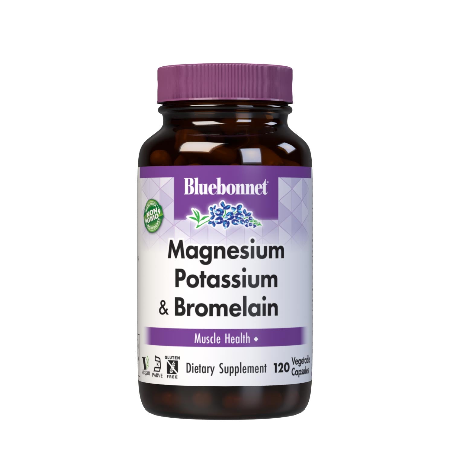Bluebonnet's Magnesium Potassium & Bromelain 120 Vegetable Capsules are formulated with fully reacted magnesium and potassium aspartate with bromelain (2000 GDU/gram) from fresh pineapples to help support muscle health.  #size_120 count