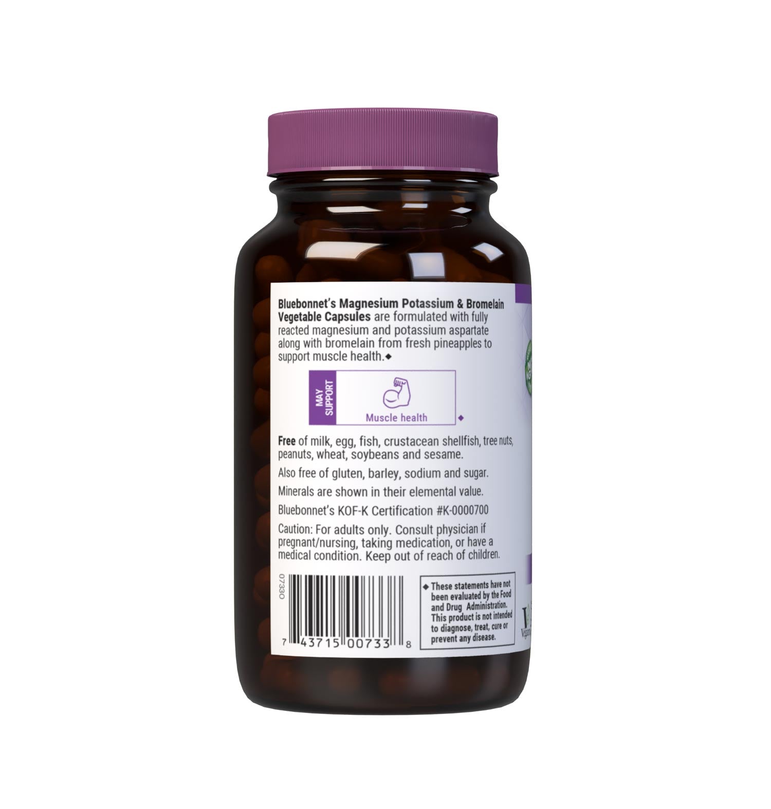 Bluebonnet's Magnesium Potassium & Bromelain 120 Vegetable Capsules are formulated with fully reacted magnesium and potassium aspartate with bromelain (2000 GDU/gram) from fresh pineapples to help support muscle health. Description panel. #size_120 count